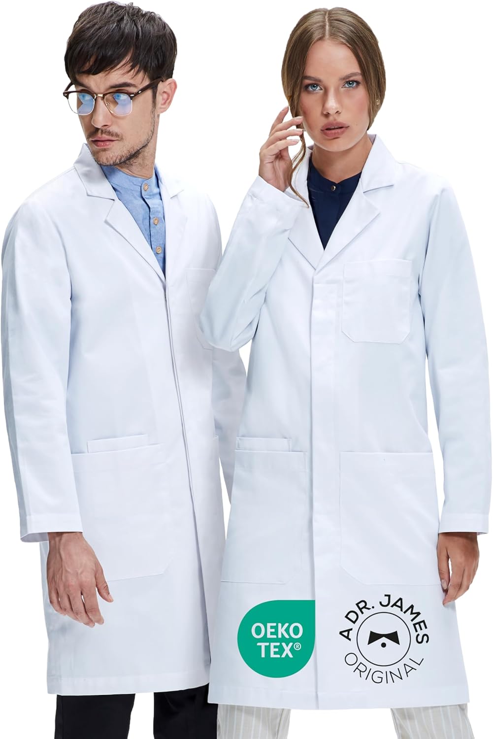 Dr. James Unisex Lab Coat – White Medical Coat, Classic Fit, 3 Pockets + Phone Slot, Safety Snaps, OEKO-TEX® Certified