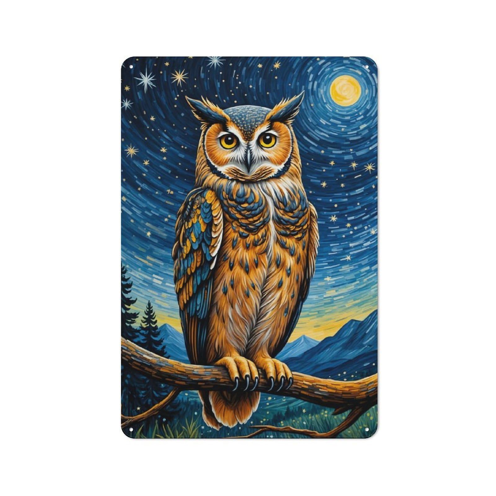 Junmoney Owl Starry Night Country Vintage Metal Wall Decor 30X20cm, Country Metal Sign For Kitchen, Cottage, Porch Or Garden Room