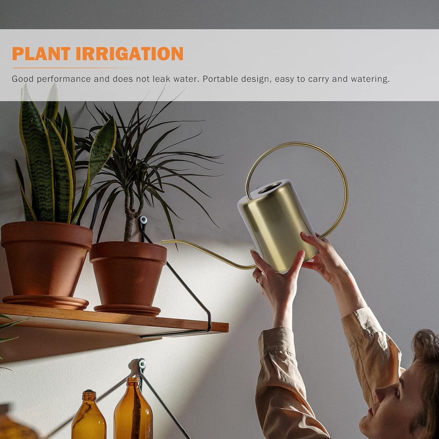 Hemoton Indoor Planters Watering Can with Spout Stainless Steel Modern Water Cans for Indoor Outdoor Watering Plants Garden Flower Golden 2000ml Stainless Steel Water Bottle