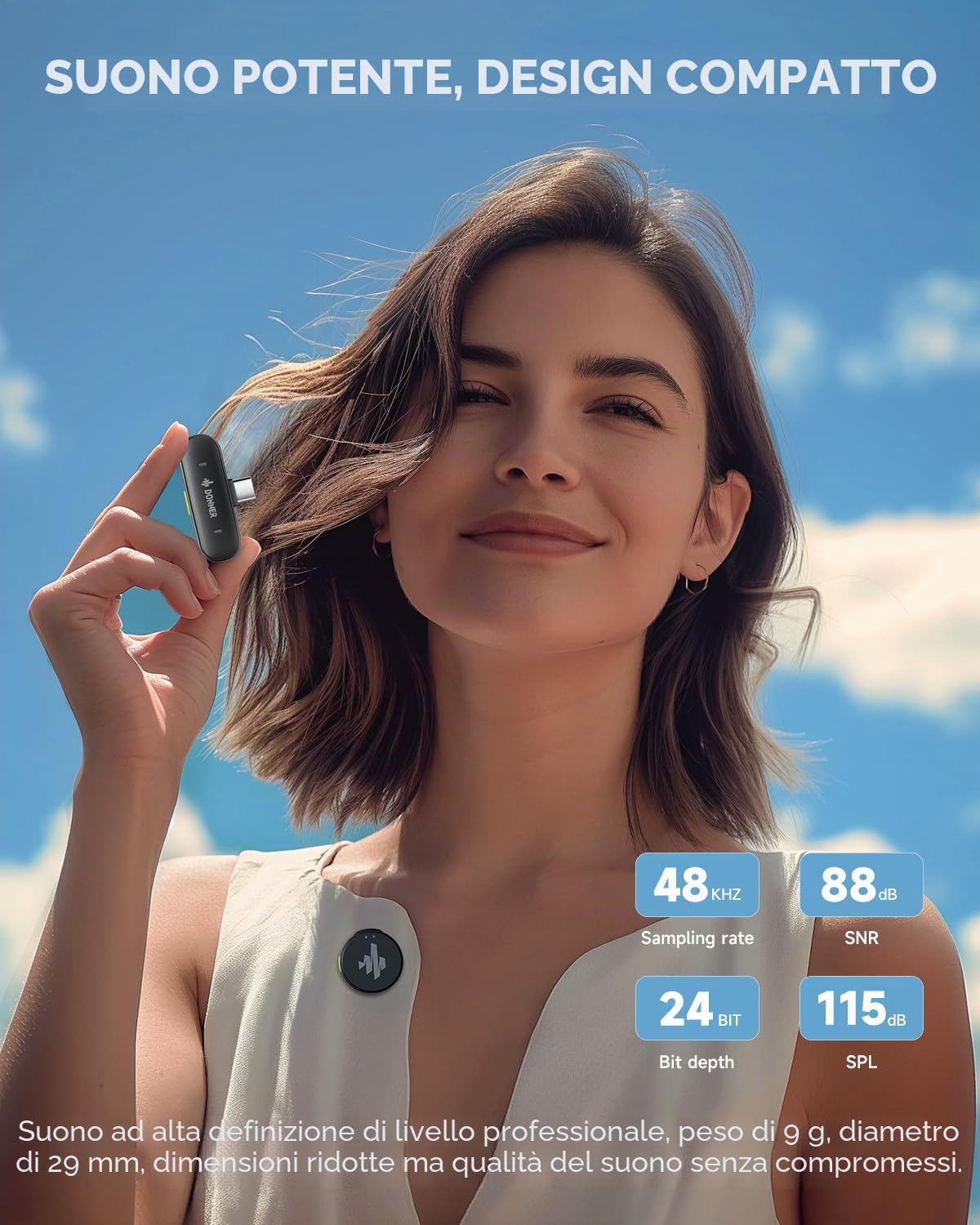 Donner Microfono lavalier wireless con tipo C per iPhone 15, microfono da bavero plug-play per iOS e Android con cancellazione del rumore, 305M 40H 48KHz 24Bit, mini microfono professionale a doppio