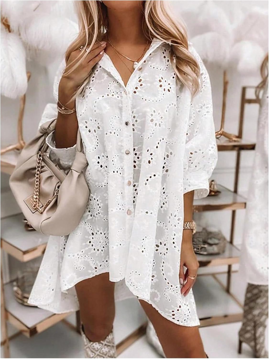 SOLY HUX Women's Button Down Shirts 3/4 Sleeve Collared Eyelet Flowy Vacation Blouse Oversized Tops - Image 5
