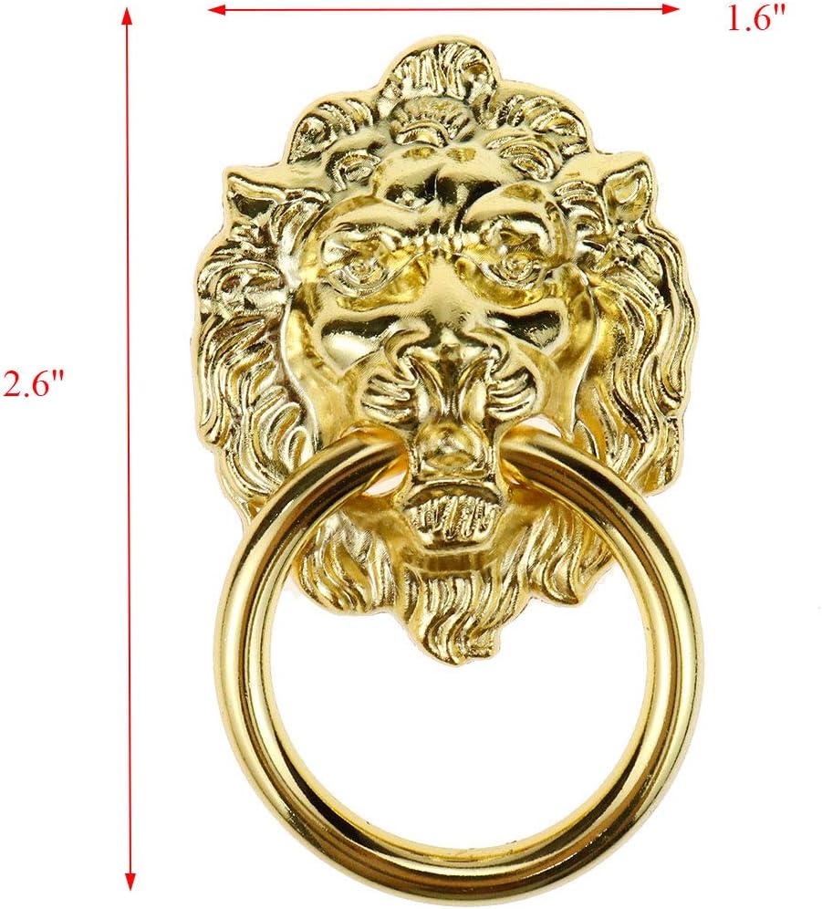 Coshar 10pcs Lion Head Pull Handle Knob Pull Ring Classical Antique Ring Pulls Handle for Dresser Cabinet Drawer,Retro Style,Gold