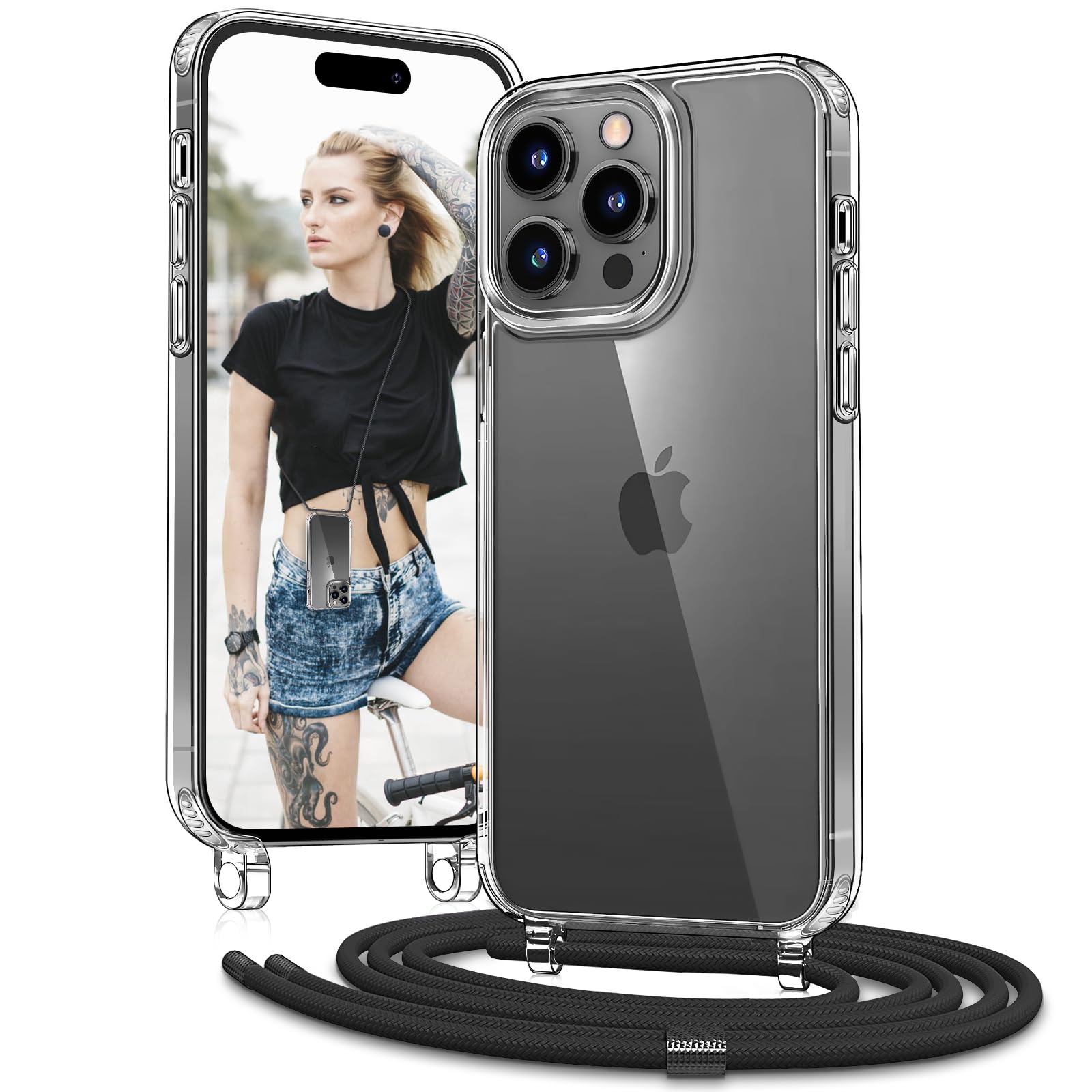 Vaykwo Handykette mit Band für Apple iPhone 14 Pro Hülle - Necklace Handyhülle - Transparente Case zum Umhängen mit Kameraschutz und Bildschirmschutz - Schwarz | Necklace Handyhülle, Transparente Case zum Umhängen, Verstellbar und Abnehmbar