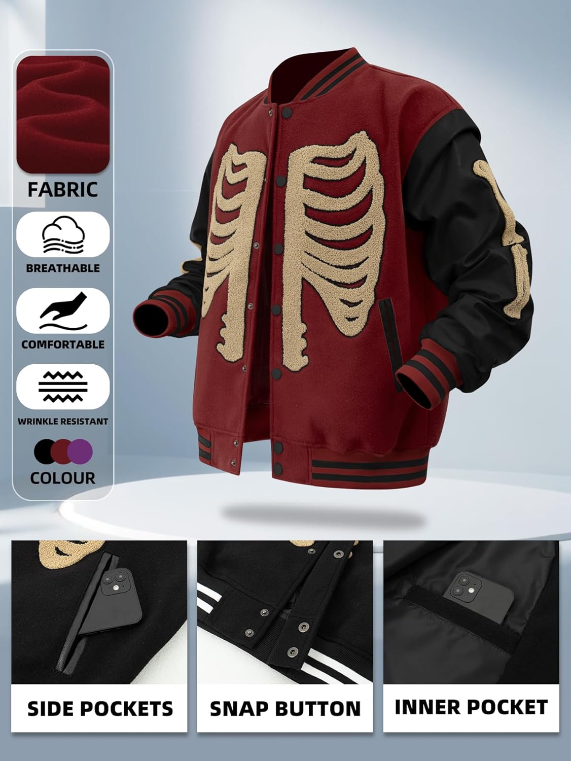 Men's Varsity Baseball Jacket with Skeleton Pattern Leather Sleeves Rock Gothic style for Daily Wear or Club