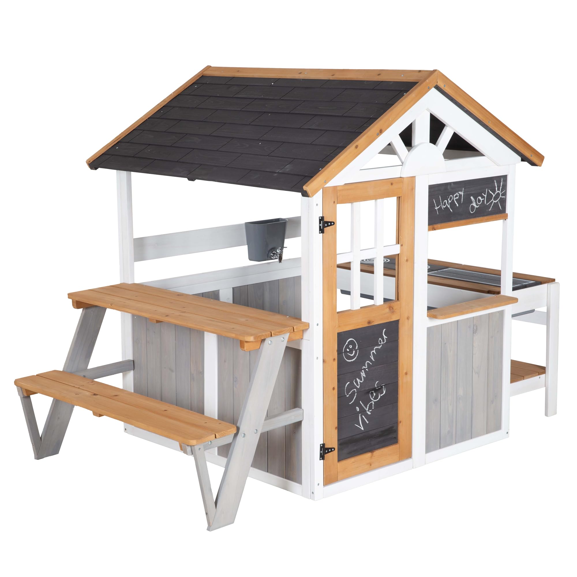 roba Spielhaus Outdoor Kinder ab 18 Monaten - Gartenhaus aus Holz mit Verkaufstheke & Wasserhahn - Kreatives Spielgerät für draußen - Erweiterbar mit Zubehör-Küche & Picknicktisch - Mehrfarbig