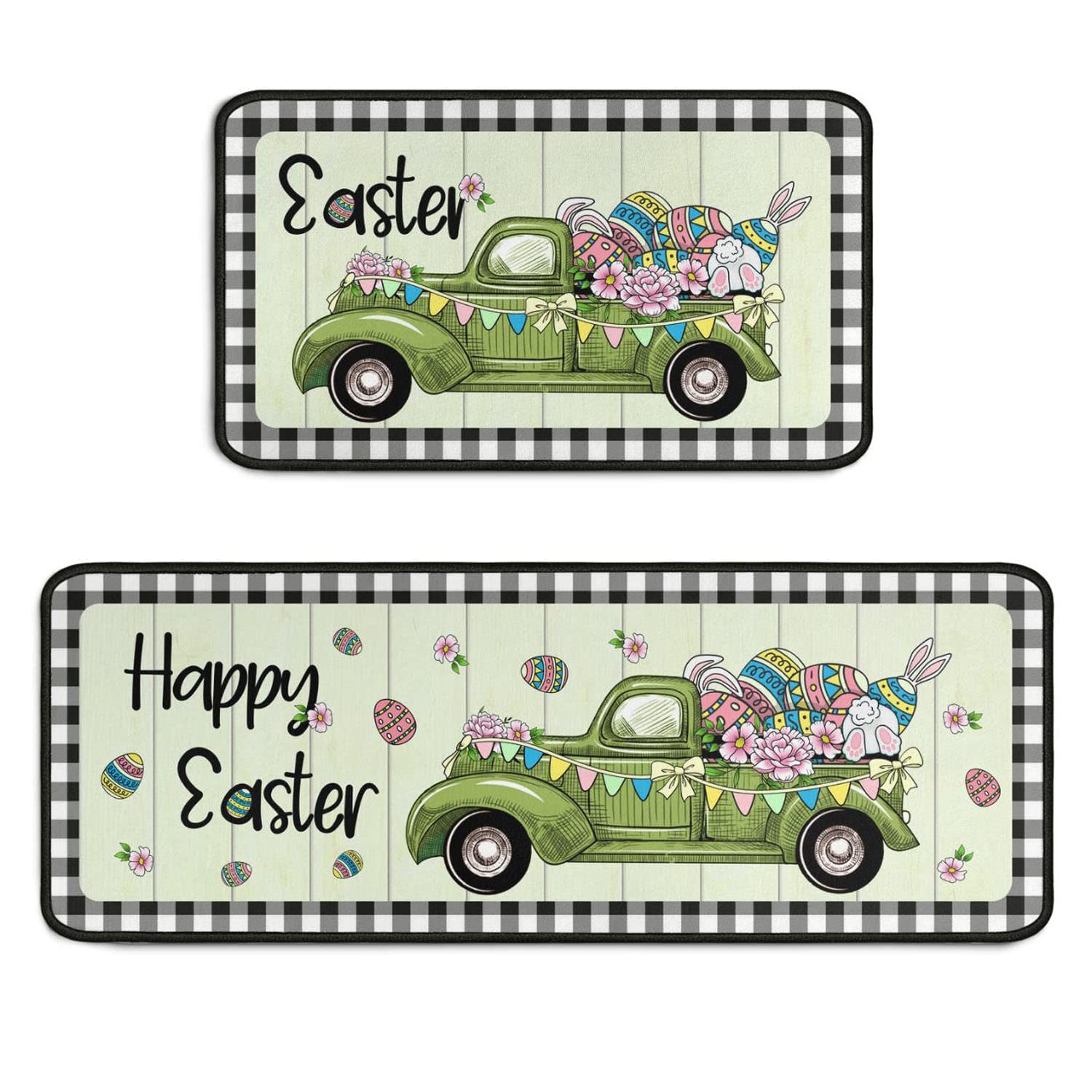 Protikol Happy Easter Truck Kitchen Rugs Set 2 Pieces Non Slip Kitchen Floor Rug and Mat Waterproof Kitchen Runner Rug Standing Area Mat for Holiday Bedroom Decor 17"x47"+17"x30"
