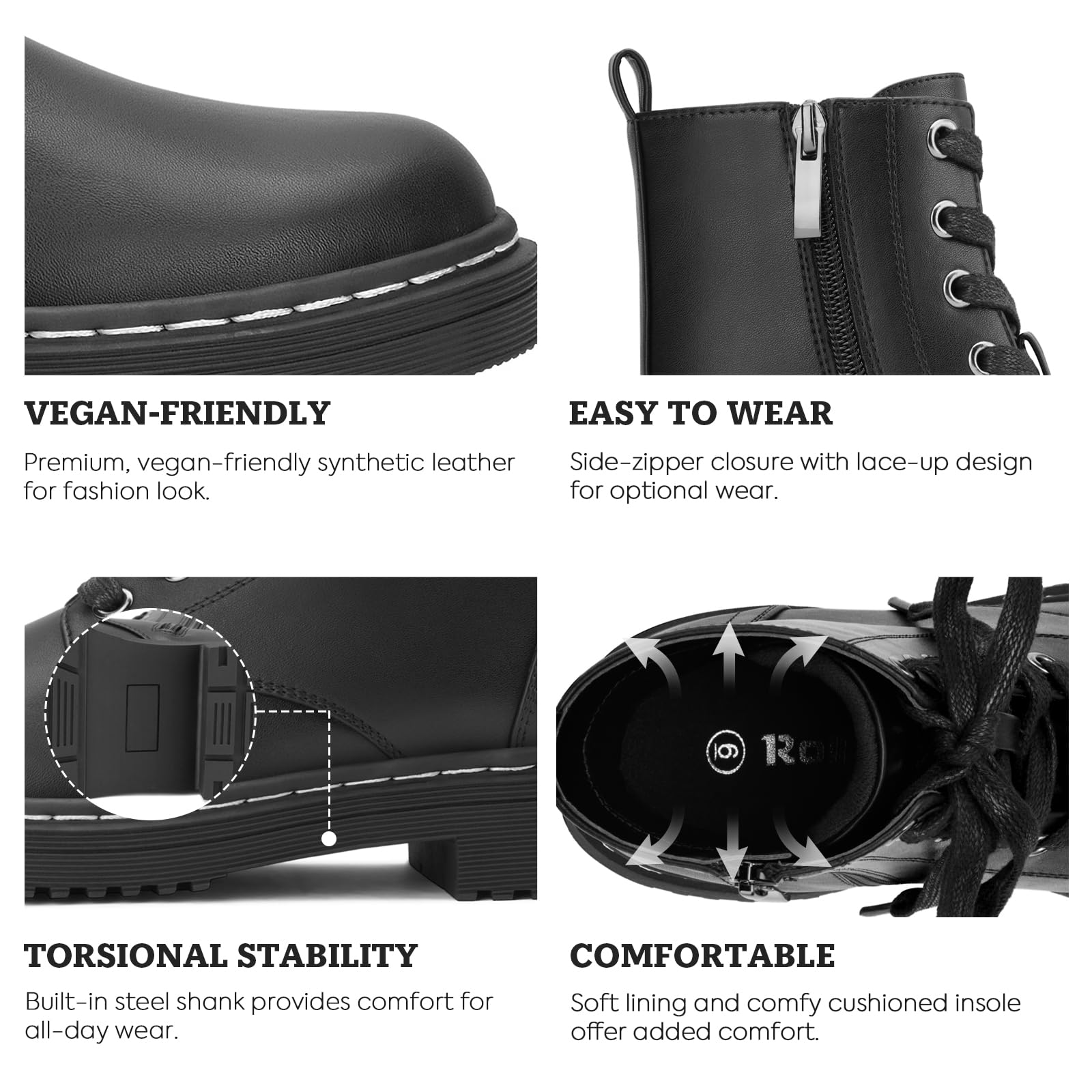 Rollda Black Women's Combat Boots Lace up Ankle Booties Side Zipper Combat Flatform Boots Size 9