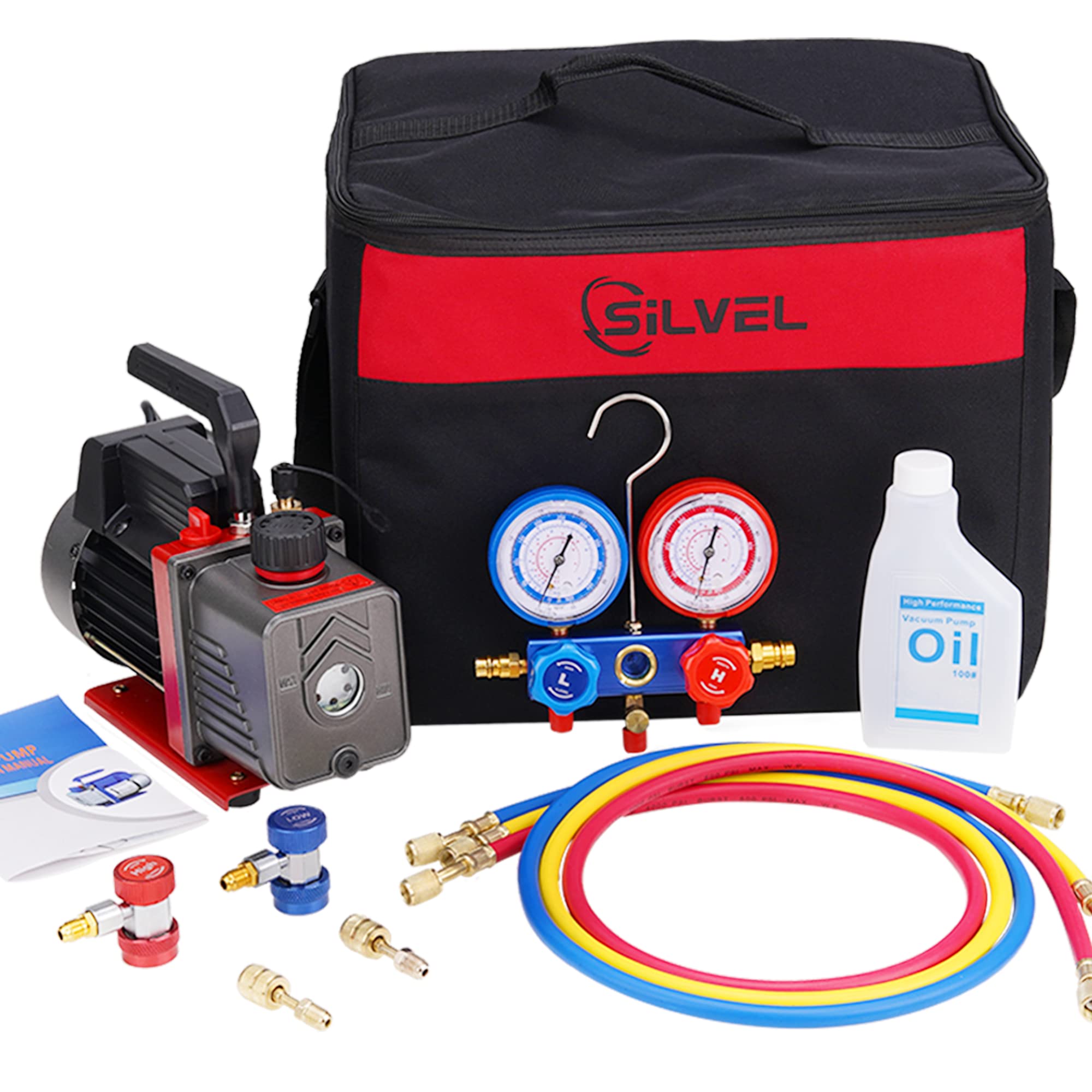 SILVEL 1/4HP 3.5CFM Air Vacuum Pump, 110V R134a AC Gauges and Vacuum