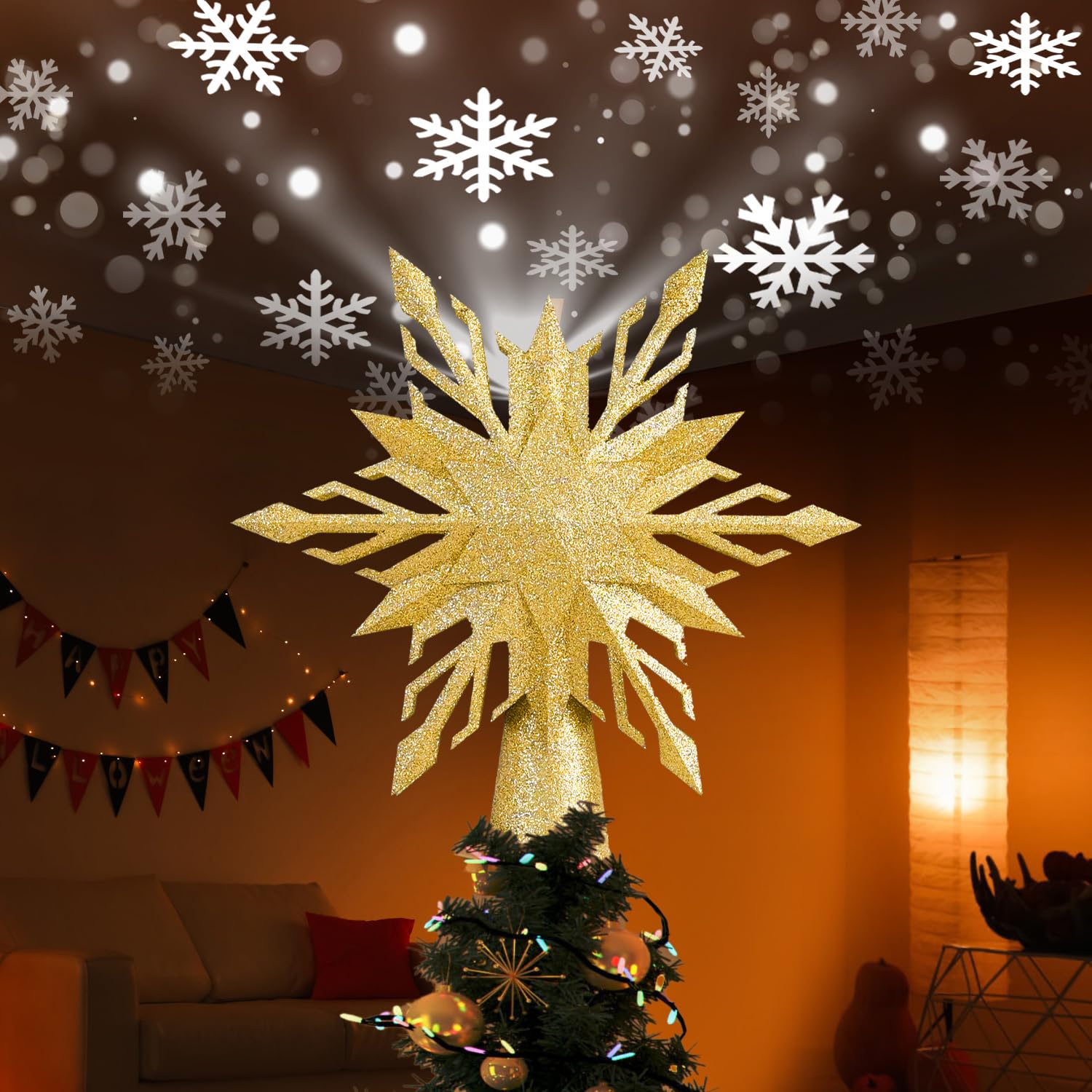 Christmas Star Tree Topper Lighted with Led Snowflake Projection, Christmas Tree Topper Star with Built-in LED Rotating 3D Projector Lights, Christmas Decoration for Family Office Indoor (Gold)