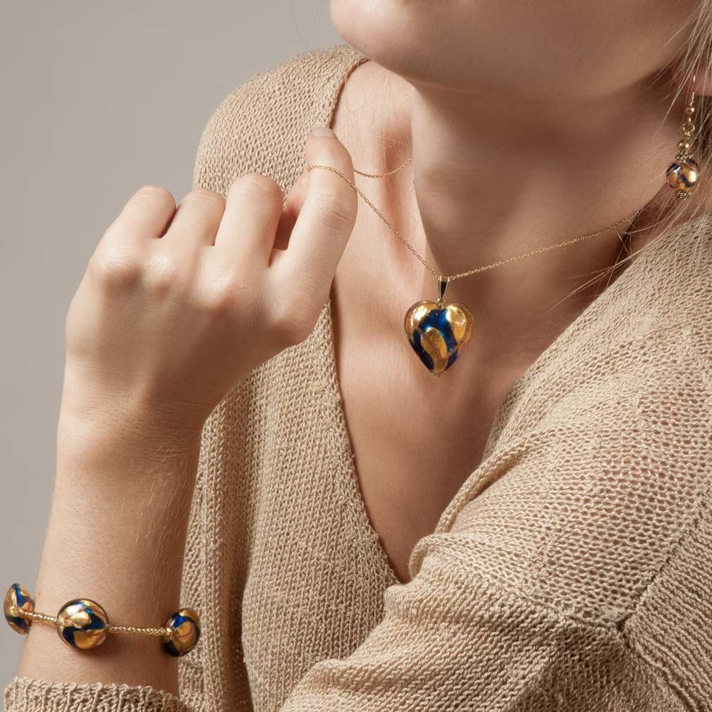Glass Of Venice Murano Glass Heart Pendant - Blue Waves Gold Blown Glass Heart 1 Inch Size, Love Symbolic Gift for Women Handmade in Venice, Italy