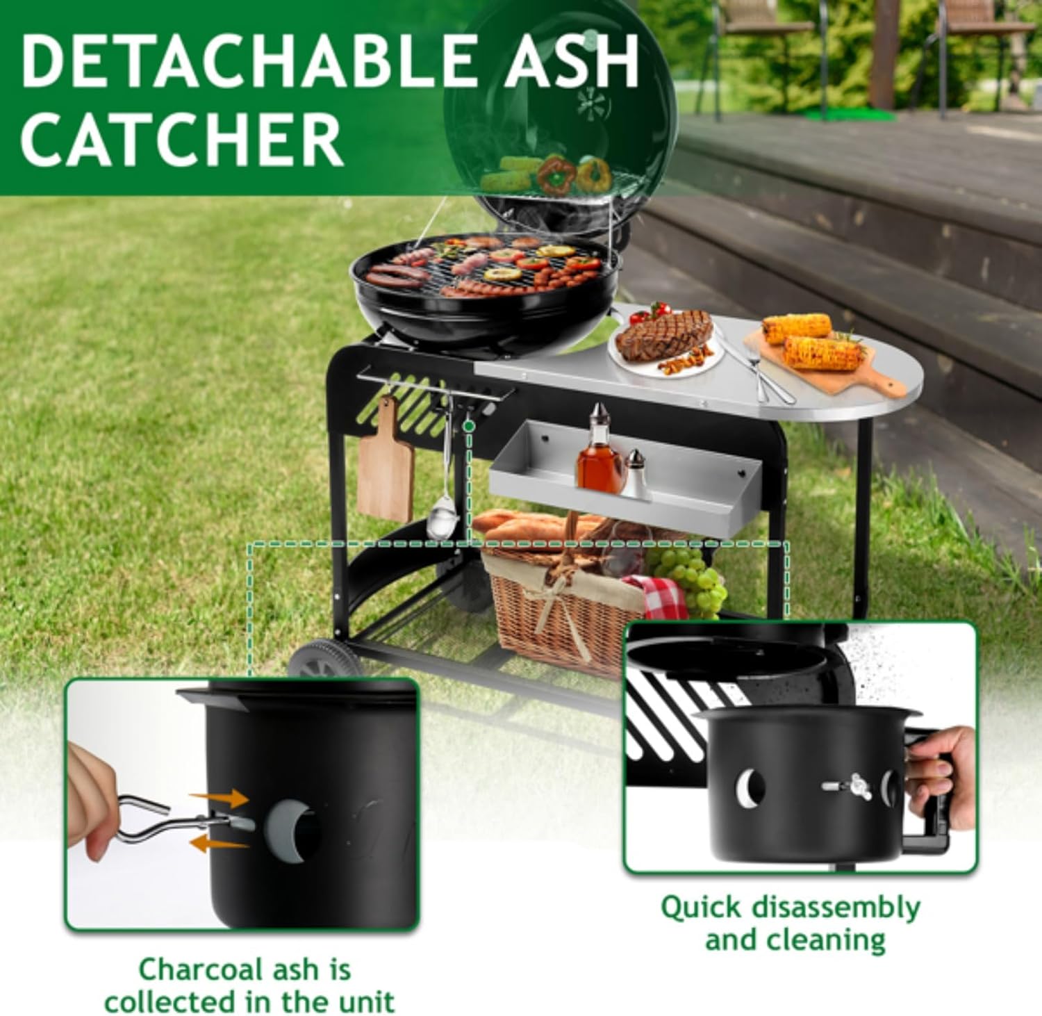 Portable Charcoal Grill with Cart, Outdoor Portable Charcoal Grill with Porcelain Enamel Cover and Slide-out Ash Collector Thermometer for Outdoor Grilling Camping, Picnic, Backyard