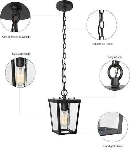 Miniatura 6 de Lámparas colgantes para exteriores para porche, lámpara colgante negra de granja al aire libre con vidrio semillado, moderna lámpara trapezoidal