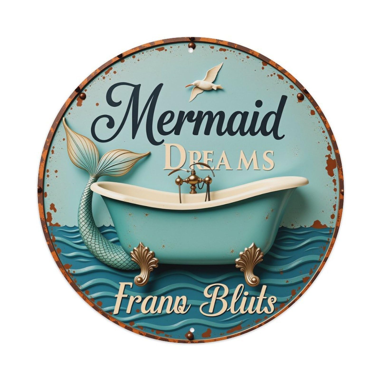 Mermaid Dreams Bathtub Waves Tail Round Tin Sign Vintage Metal Poster, Home Bar Garage Man Cave Cafe Indoor & Outdoor Wall Decoration 8x8Inches