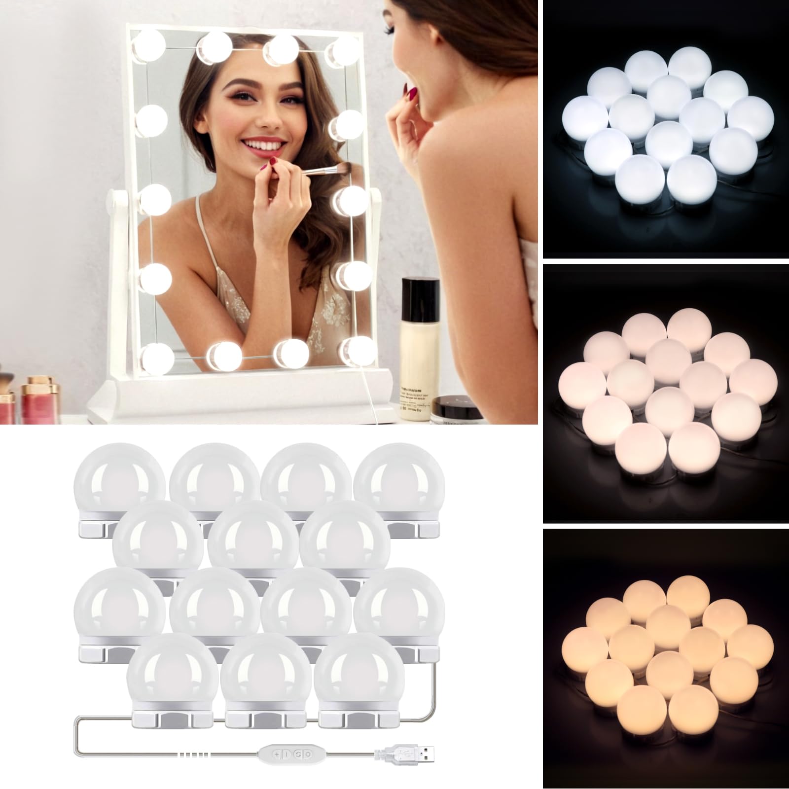 14 Bulbs Hollywood Lights With USB Cable, 3 Colours Changing & 10 Levels Brightness, Vanity Mirror Lights Stick on, Make up Light for Dressing Table