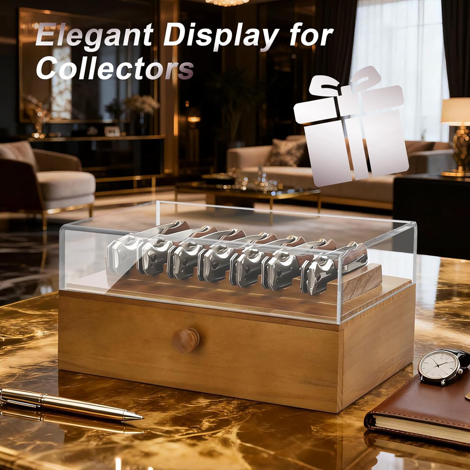 Wooden Knife Display Case with Drawer, 15-Slot Pocket Knife Collection Box with Thick Clear Acrylic Cover, Solid Wood Base, 2-Tier Storage Case for Folding Knives & EDC Items, Gift Box Included -Brown