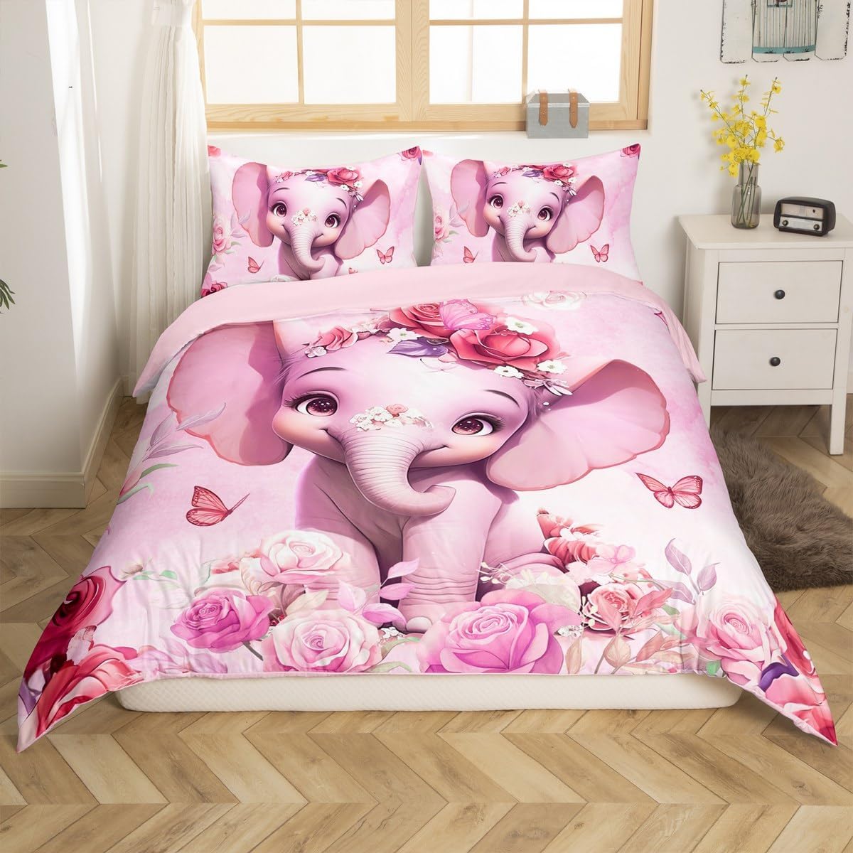 Manfei Cartoon Elephant Kids Duvet Cover Set Toddler Size,Pink Flowers Bedding Set,Boys Girls Room Decor,Watercolor Animals Plants Quilt Cover,Pink White,No Comforter