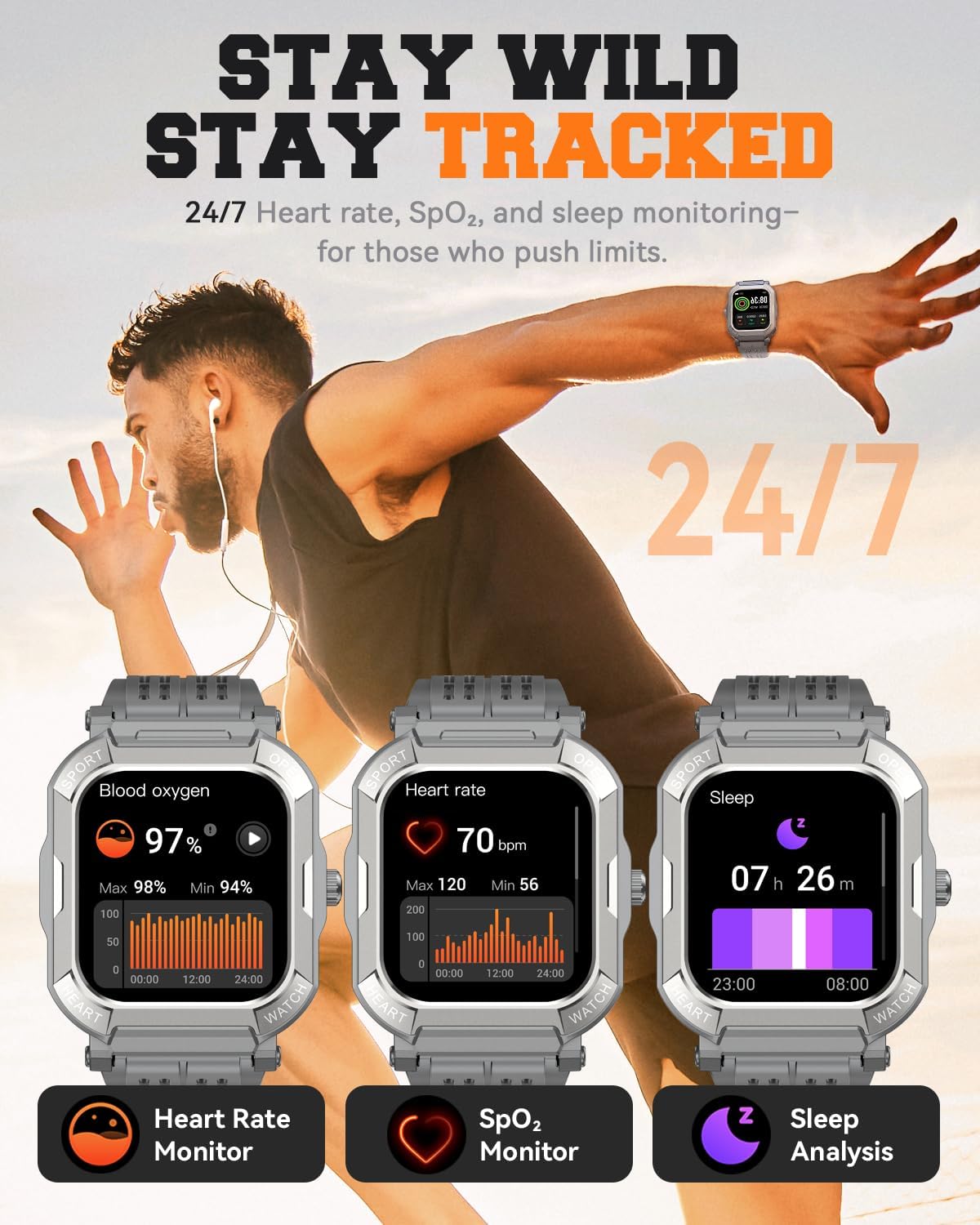 Military Smart Watches for Men (Answer/Make Calls),1.91'' Fitness Smart Watch for Android and iPhone,IP68 Waterproof Fitness Tracker with Step Counter/Sleep Monitor/110+ Sport Modes,Smartwatch for Men