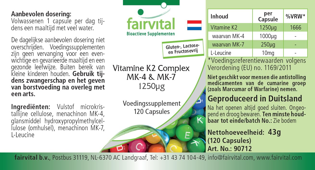 fairvital Complexe de vitamine K2 MK-4 & MK-7-1250 mcg de K2 par gélule, 120 gélules, faciles à avaler, HAUTEMENT DOSÉ, VÉGÉTALIEN, MK-7