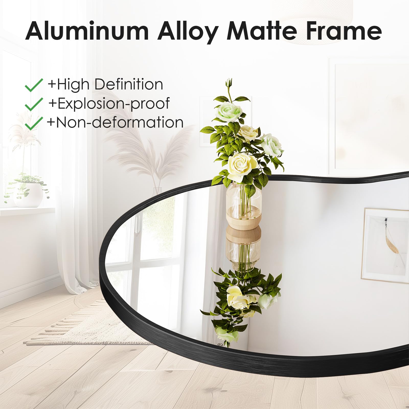 MAMIZO Asymmetrischer Spiegel, 50x91cm, unregelmäßig geformter Wandspiegel, Gehärtetes Glas, Aluminiumrahmen, Dekorative Spiegel, Einzigartige Schminkspiegel, Badezimmerspiegel, Schwarz