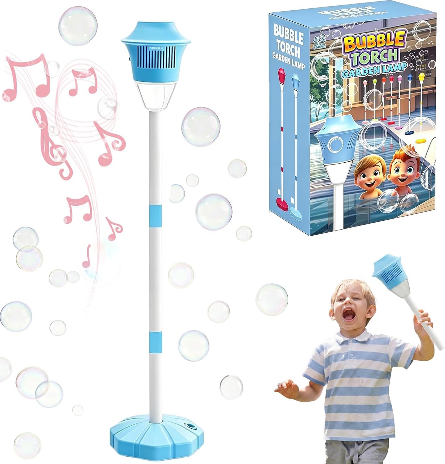 Lamp Bubble Machine for Kids,Standing Automatic Bubble Machine with Light Music,Standing Torch Bubbles Maker,Height Adjustable to 47 Inch,Bubbles Machine Lantern for Wedding Birthday Party Gift (Blue)