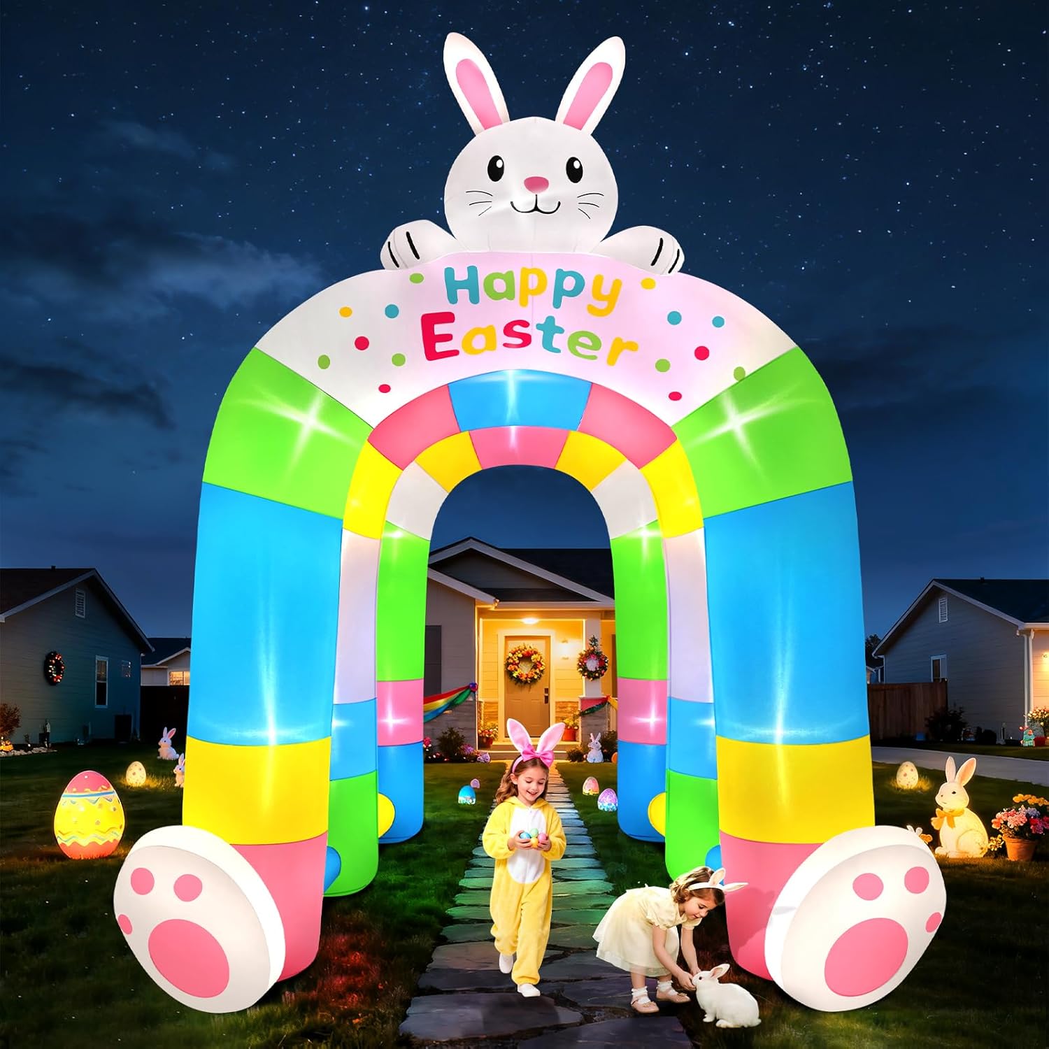 Kalolary 10FT Easter Archway Inflatables Outdoor Decorations, Stereoscopic Bunny Rainbow Arch Inflatable with Built in LED Lights Blow Up Yard Decoration for Holiday Party Garden Yard Lawn Decors