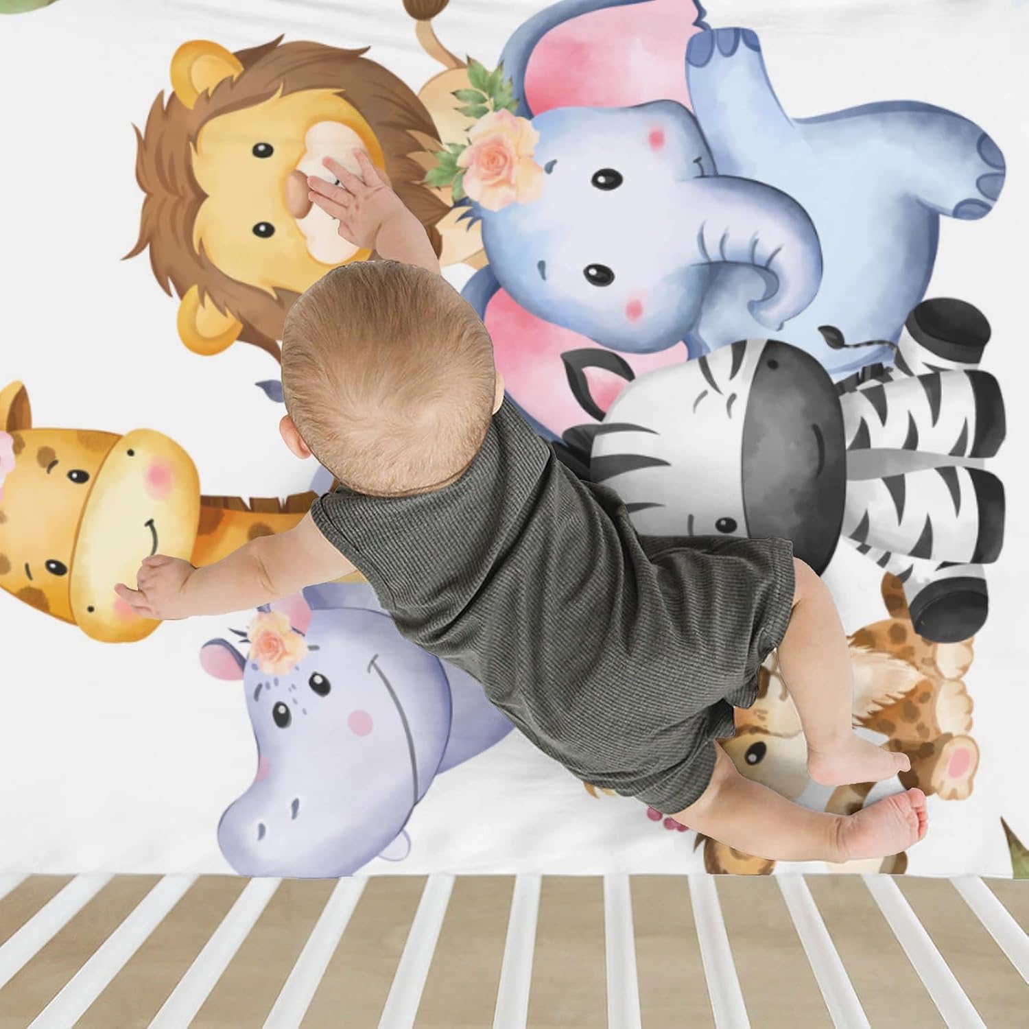 Jungle Animals Baby Crib Sheets Boy Girl 28"x52" Zoo African Safari Tropical Leaves Soft Snug Fitted Crib Mattress Cover Lion Giraffe Elephant Hippo Baby Sheet for Standard Crib & Toddler Mattress