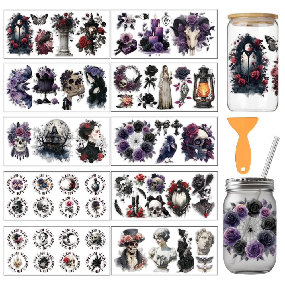 arricraft 10 Sheets Gothic Skull Rose UV DTF Cup Wrap for 16OZ Glass, Black and White Skull Rub on Decals PVC Transfer Stickers for DIY Cups Wood Funiture Halloween Party 24x11cm/9.4x4.3inch