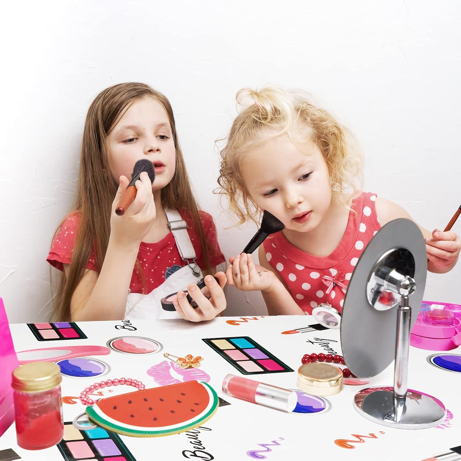 PHOGARY 4 Packs SPA Makeup Party Tablecovers, Cosmetics Makeup Theme Tablecloth, Disposable Plastic Rectangular Table Covers for Girls Spa Makeup Party Birthday Cocktail Party Decorations