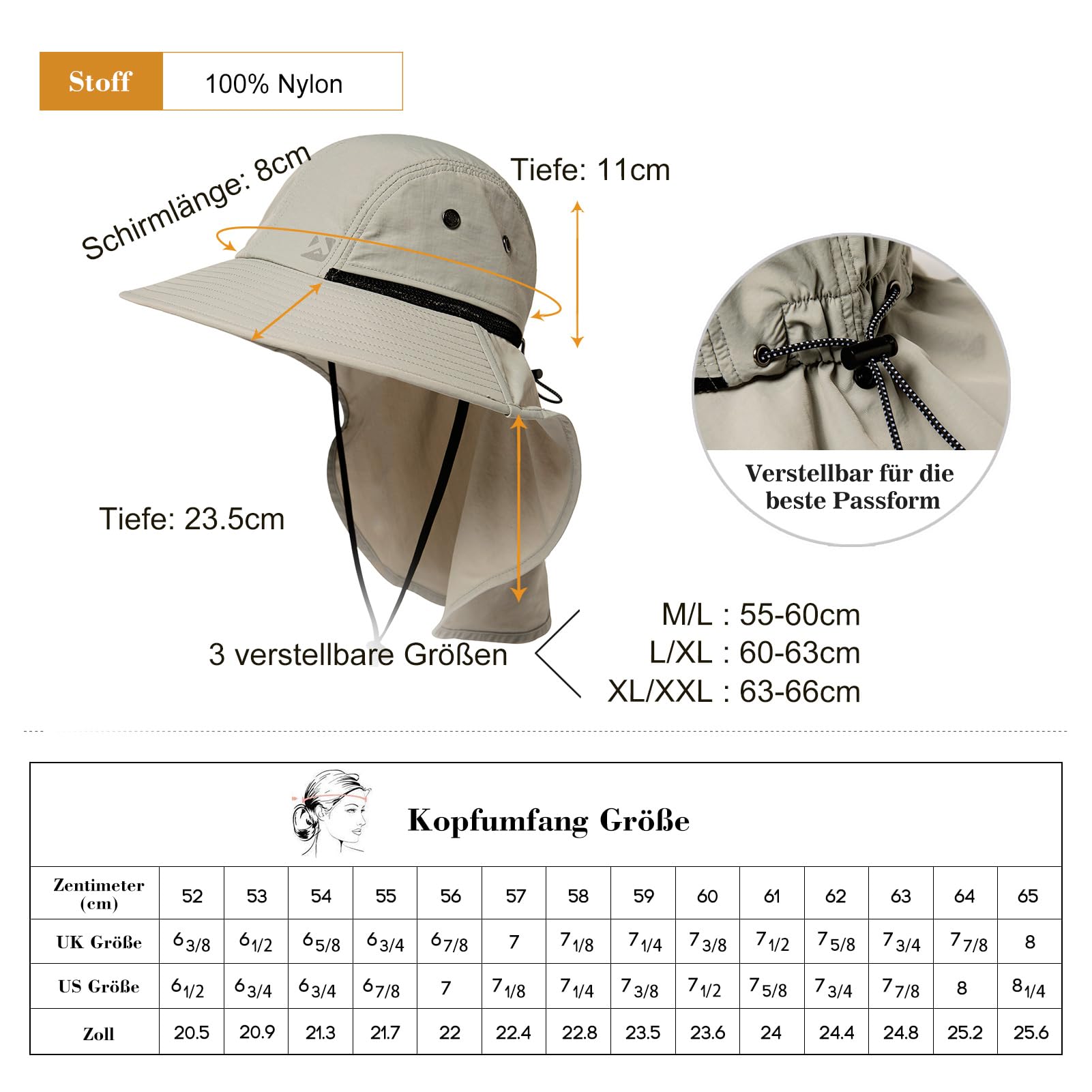 TOP-EX XL/XXL wodoszczelny kapelusz przeciwsłoneczny, męski, szerokie rondo, ochrona przed słońcem, czapka outdoorowa, trekkingowa, z ochroną karku, na lato, składana