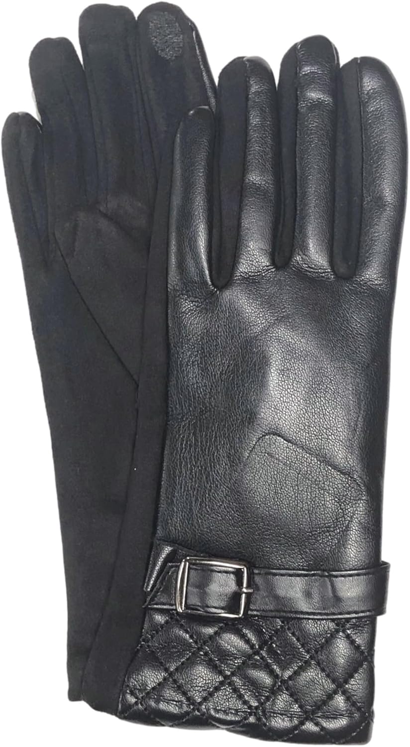 Original USA Womens Quilted Black Vegan Leather Stretch Fit Texting & Tech Touchscreen Gloves