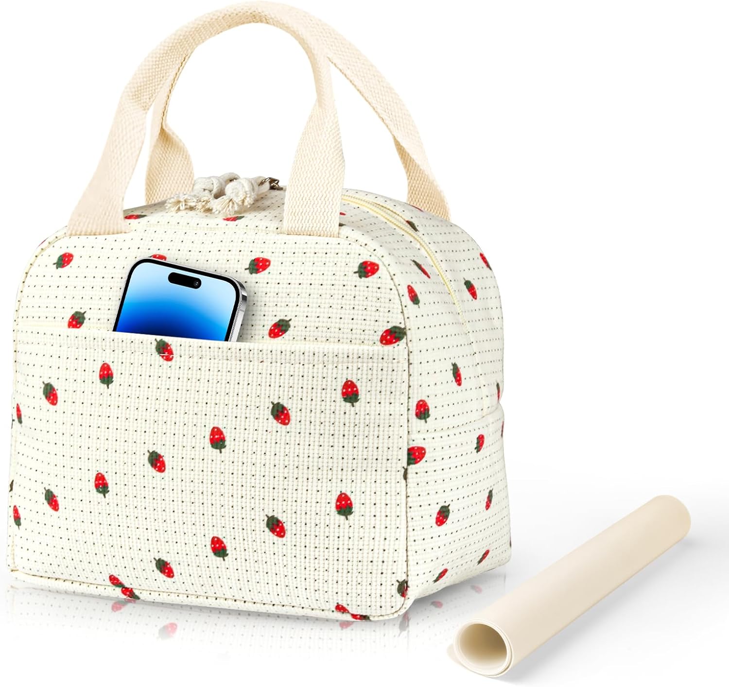 Insulated Strawberry Lunch Bag, Corduroy Tote Bag Cute Lunch Box with Aluminum Lining, Large Capacity Reusable Cooler Bag Lunchbags for Women Work, Travel, Picnic