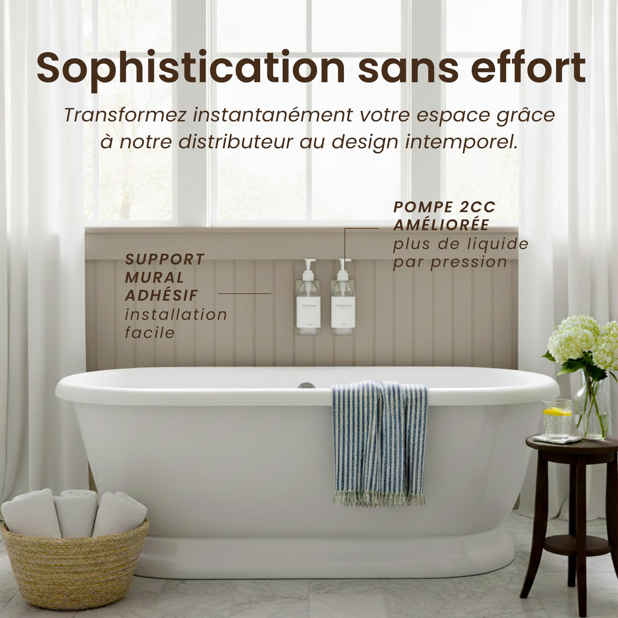 MaisoNovo Distributeur Savon Mural sans Percage Lot De 2-500ml Transparentes Distributeur Shampoing Et Gel Douche avec Pompes Blanche - Fixation Sécurisée