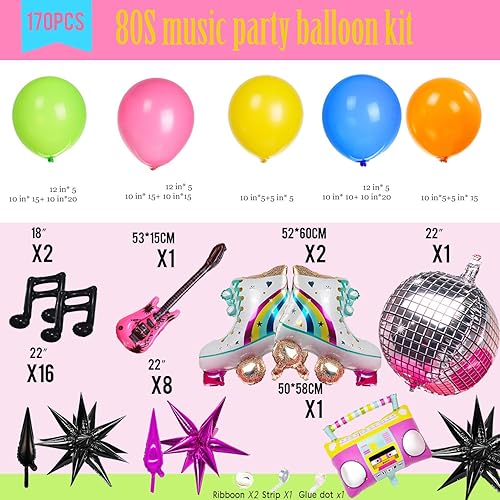 Miniatura 7 de Kit de arco de guirnalda de globos con temática musical de los años 80, 160 piezas con bola de guitarra, discoteca, nota musical, globo de mylar