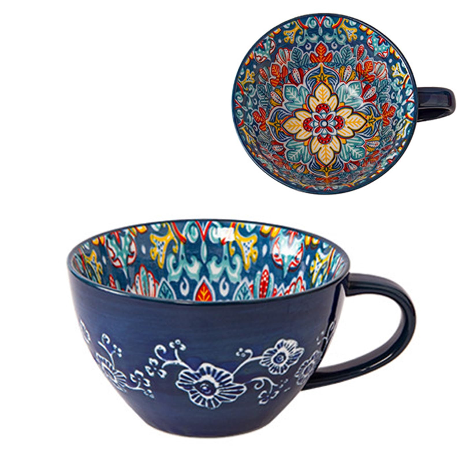 Bibykivn 400ml Ceramic Soup Cup with Handle, Hand-Painted Ceramic Soup Bowl, Oven and Microwave Resistant - For Breakfast, Müesli, Dessert, Milk, Fruit and Salad (BLK)