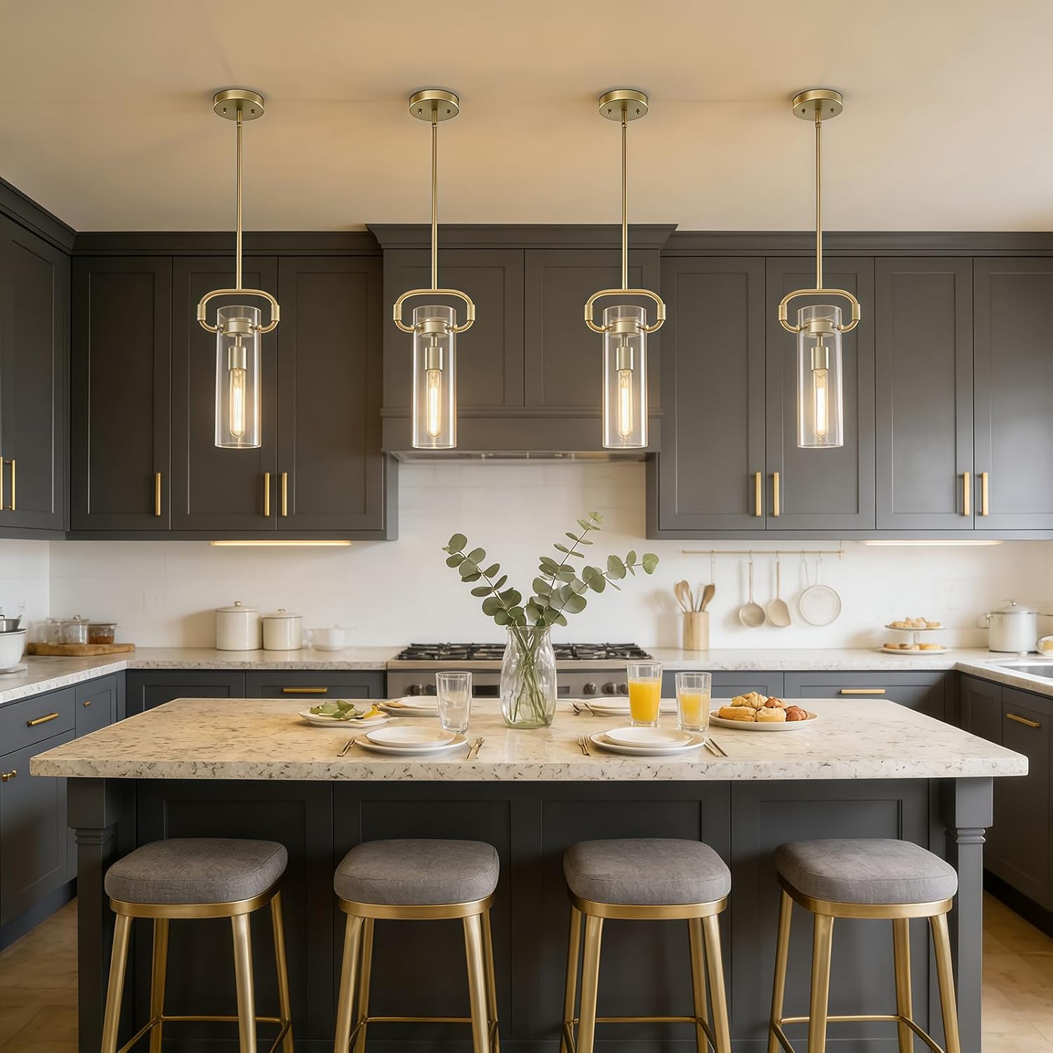 2 Pack Modern Gold Pendant Lights Kitchen Island, Cylinder Long Tube Glass Hanging Pendant Light Fixtures, Adjustable Pendant Lighting for Kichen Dining Room Bathroom E26 Bulbs Included