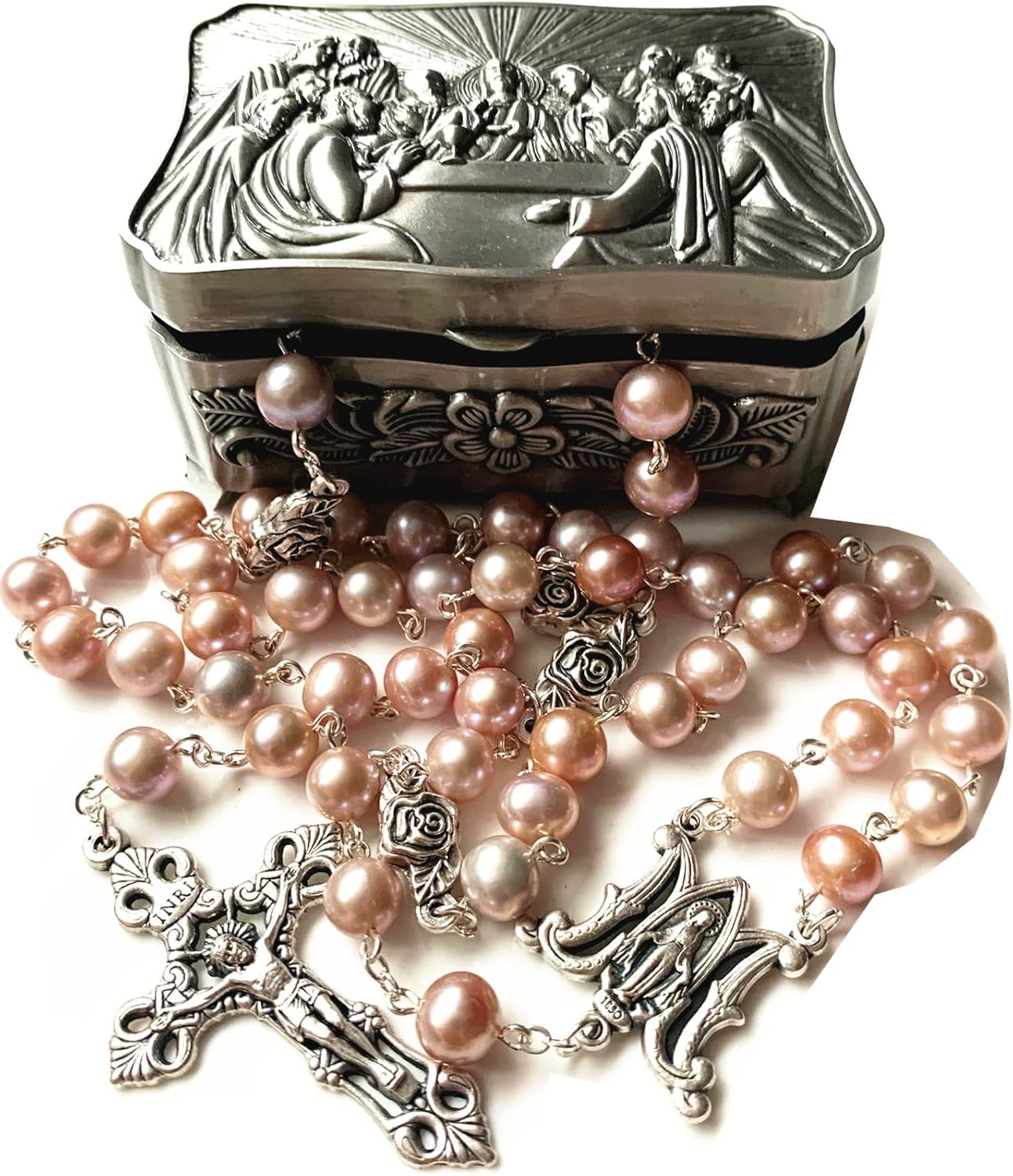 elegantmedical CATHOLIC AAA 8mm REAL PEARL Pearls SILVER ROSE BEADS ROSARY CROSS NECKLACE BOX