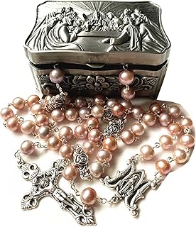 elegantmedical CATHOLIC AAA 8mm REAL PEARL Pearls SILVER ROSE BEADS ROSARY CROSS NECKLACE BOX
