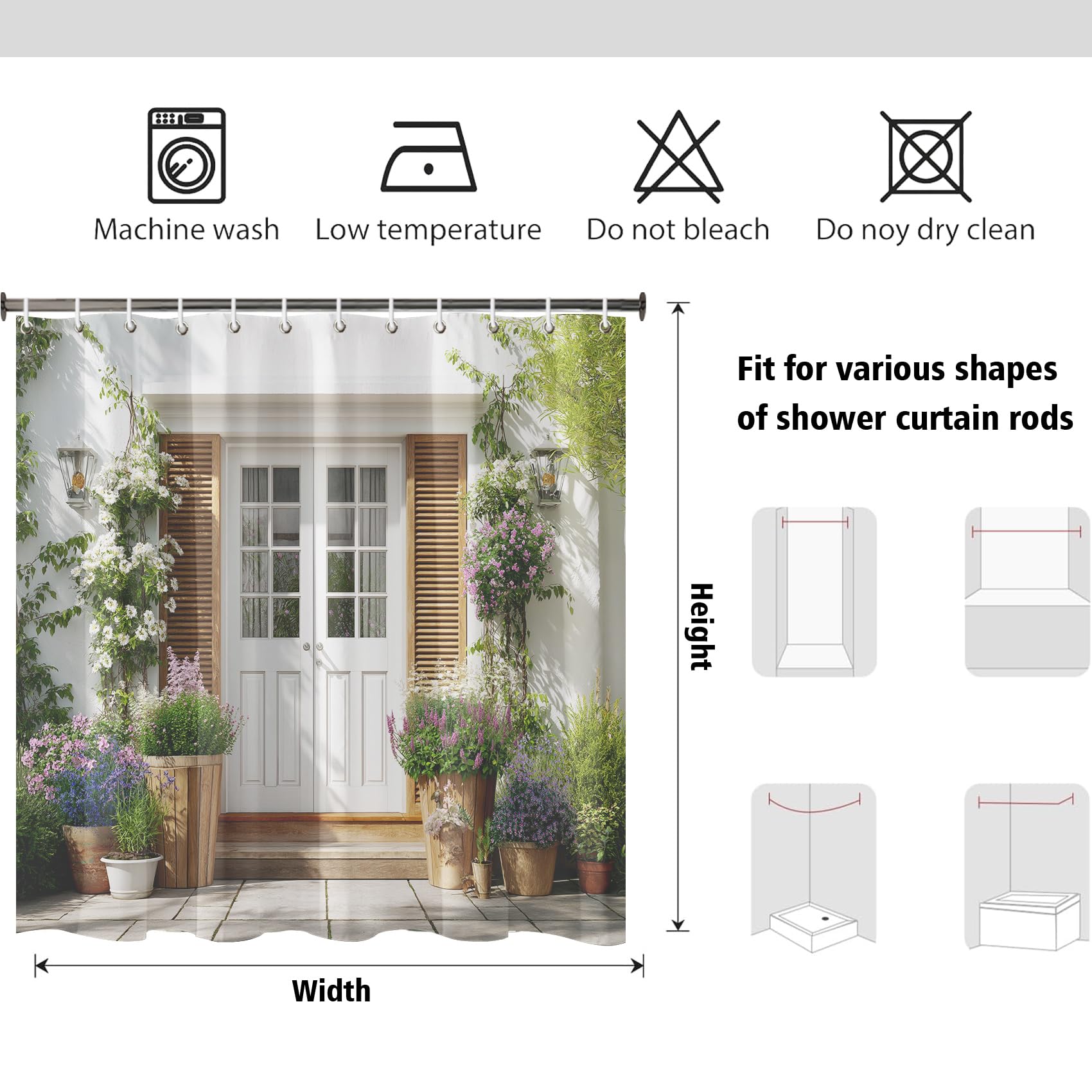 Extra Breit Duschvorhang Blühender Hauseingang 240x200 cm, Waschbar Duschvorhänge Ländliche Gartenszene, Wasserabweisend Polyester Stoff mit Haken, Dekor Badezimmervorhang für Badewanne Dusche 7Pf38