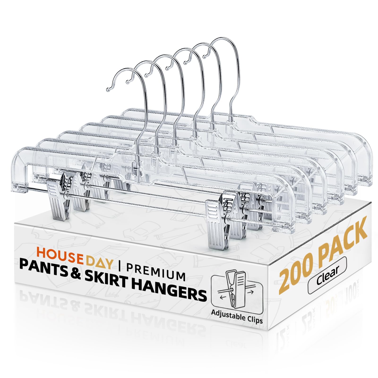 HOUSE DAY 200 Pack Plastic Skirt Hangers, 14'' Non Slip Clip Hangers