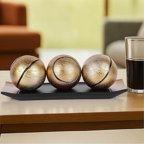 Miniatura 3 de LCCCK Juego de bandeja decorativa con bolas, soporte de TV de orbes decorativos de oro negro, centro de mesa auxiliar, elegantes bolas decorativas
