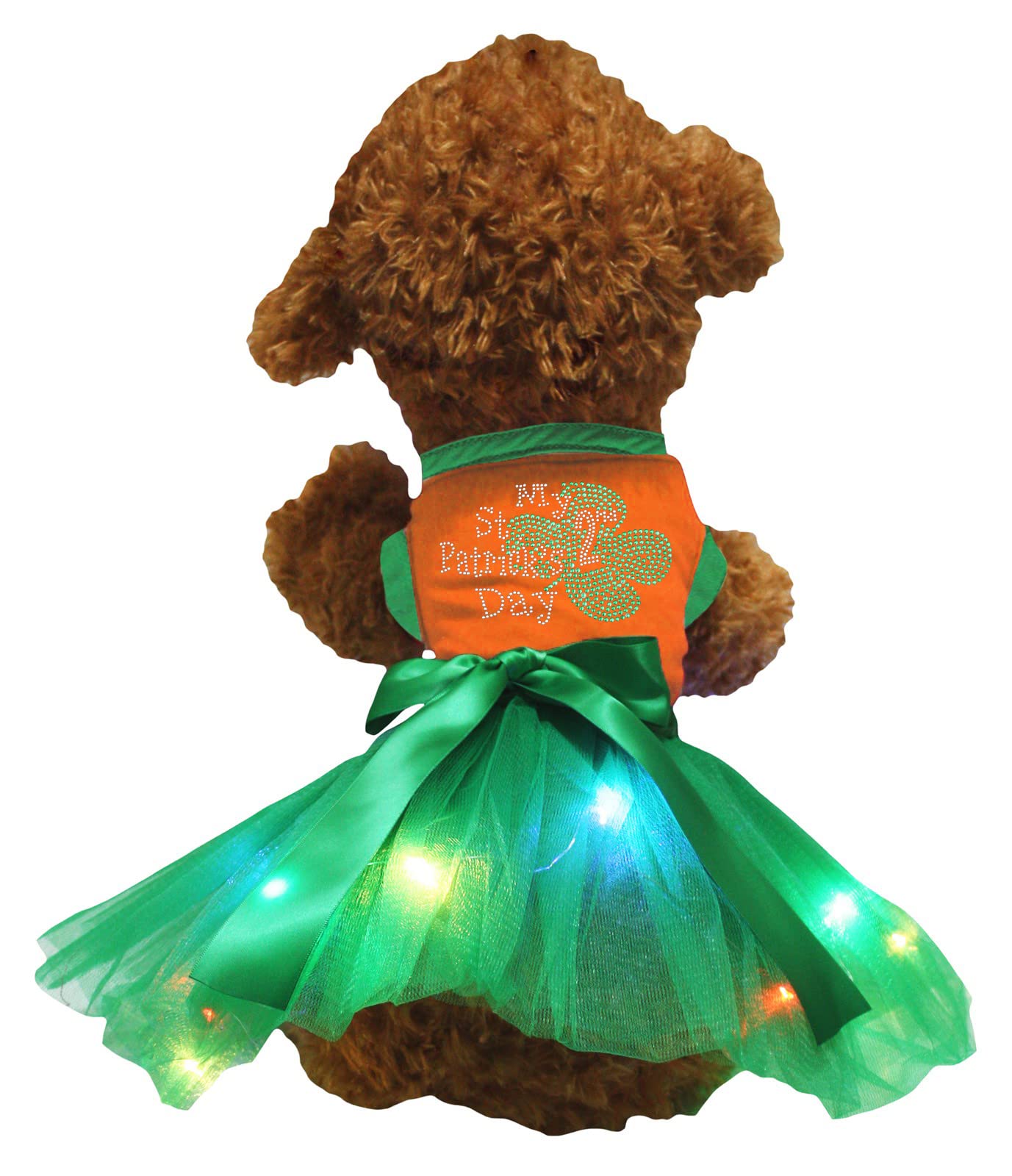 Robe pour chien St Patrick avec LED orange et vert et strass brillants taille S