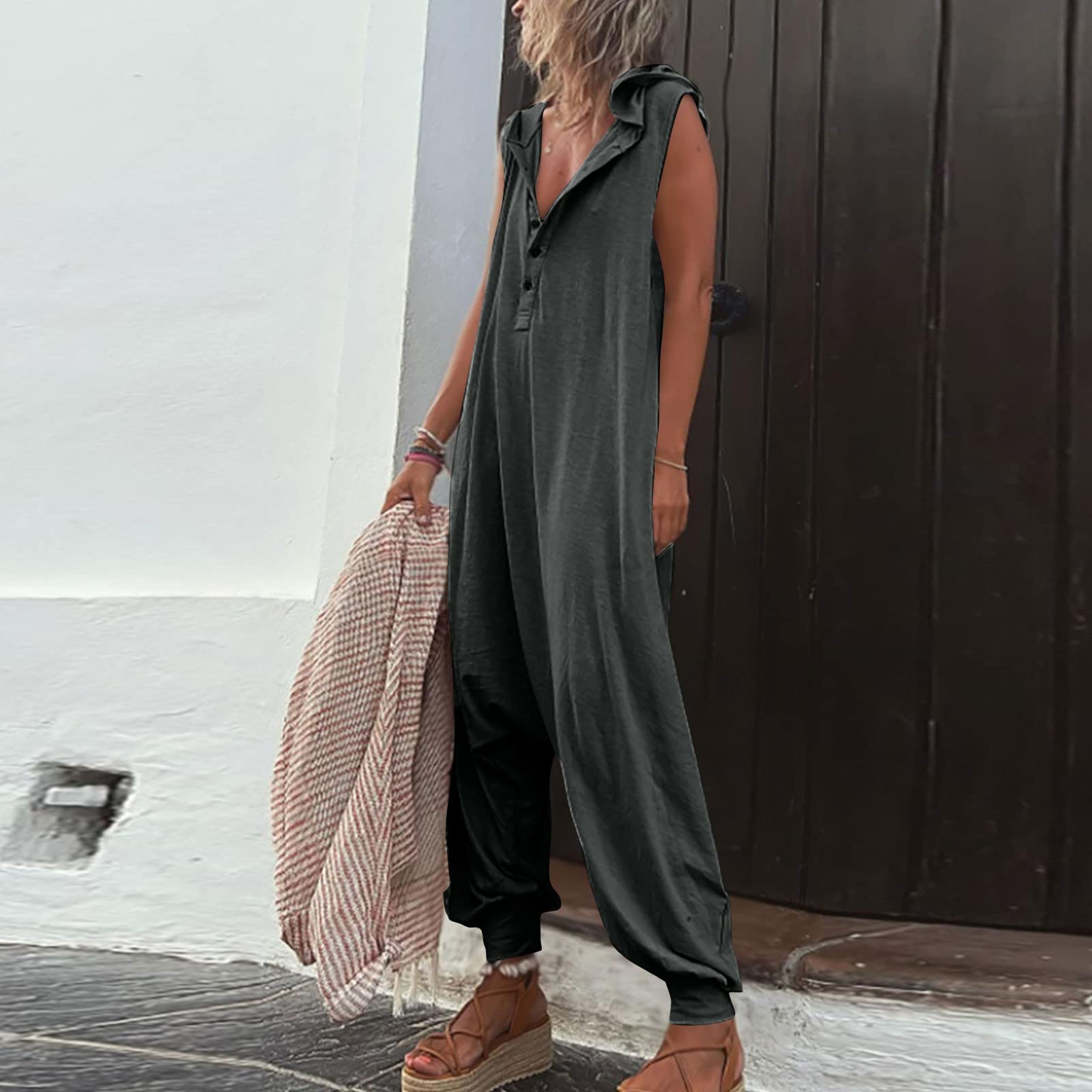 Mono casual con capucha para mujer, pantalones de peto holgados de verano, sin mangas, monocolor, holgado, con botones, traje informal ligero de una pieza