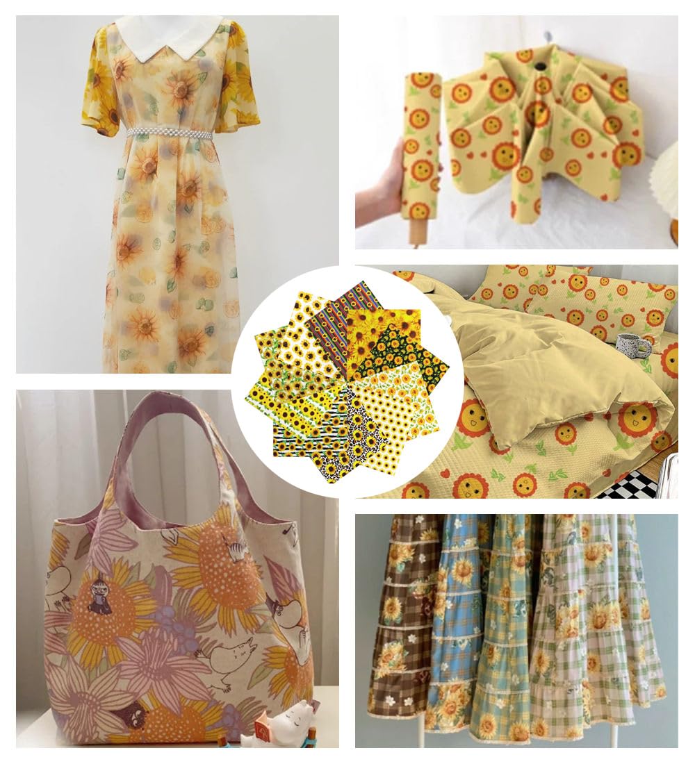 Tessuto di cotone con girasole, 10 pezzi, per il giorno del Ringraziamento, patchwork, motivo floreale, per cucito, tessuto autunnale, stampa quadrata, per fai da te (50 x 50 cm)