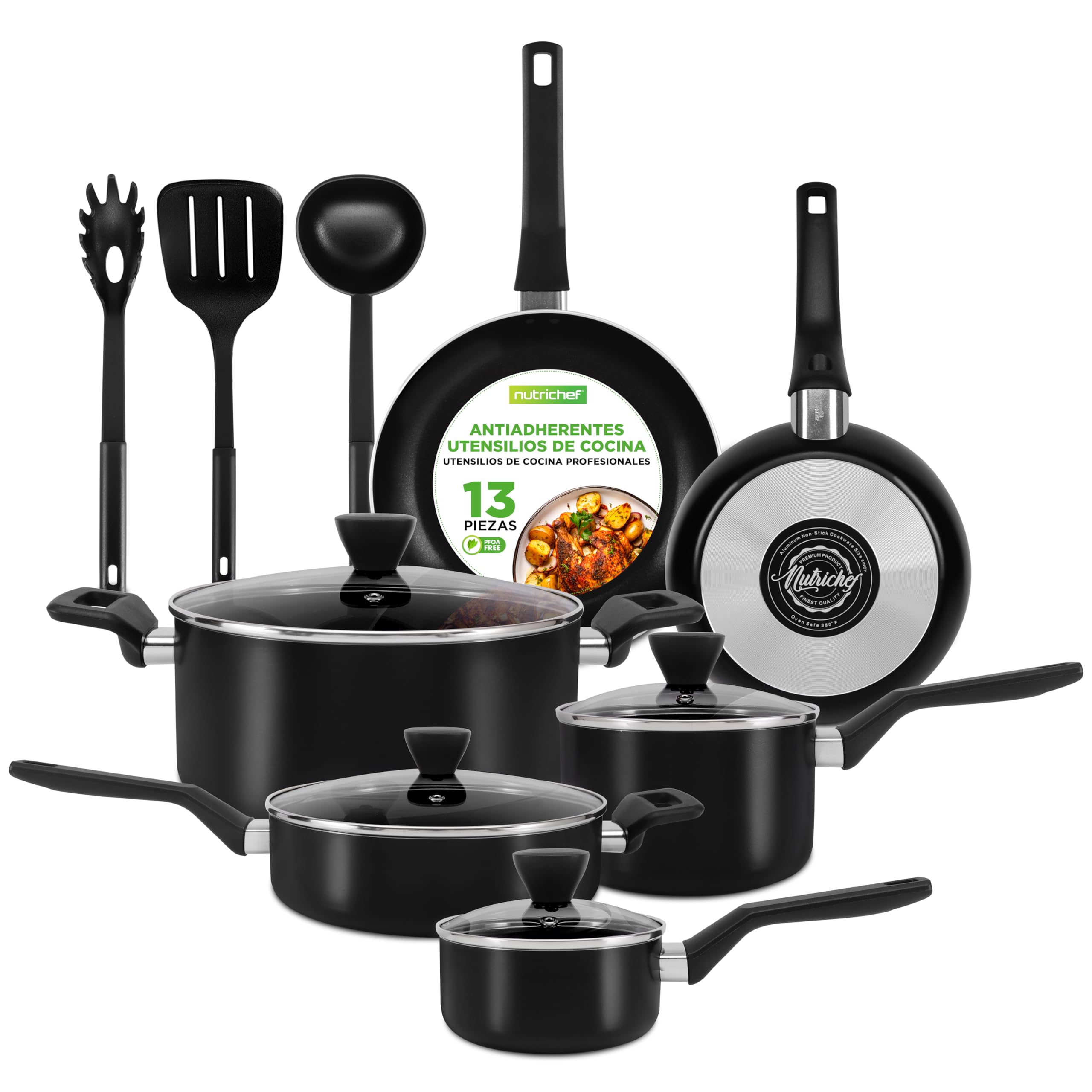 Nutrichef bateria de cocina, 13 piezas, Tapas Antiadherentes, Resistentes al calor, Cacerola, Sartenes, Ollas, Cazuela, Cucharon, Tenedor y Colador, Color negro