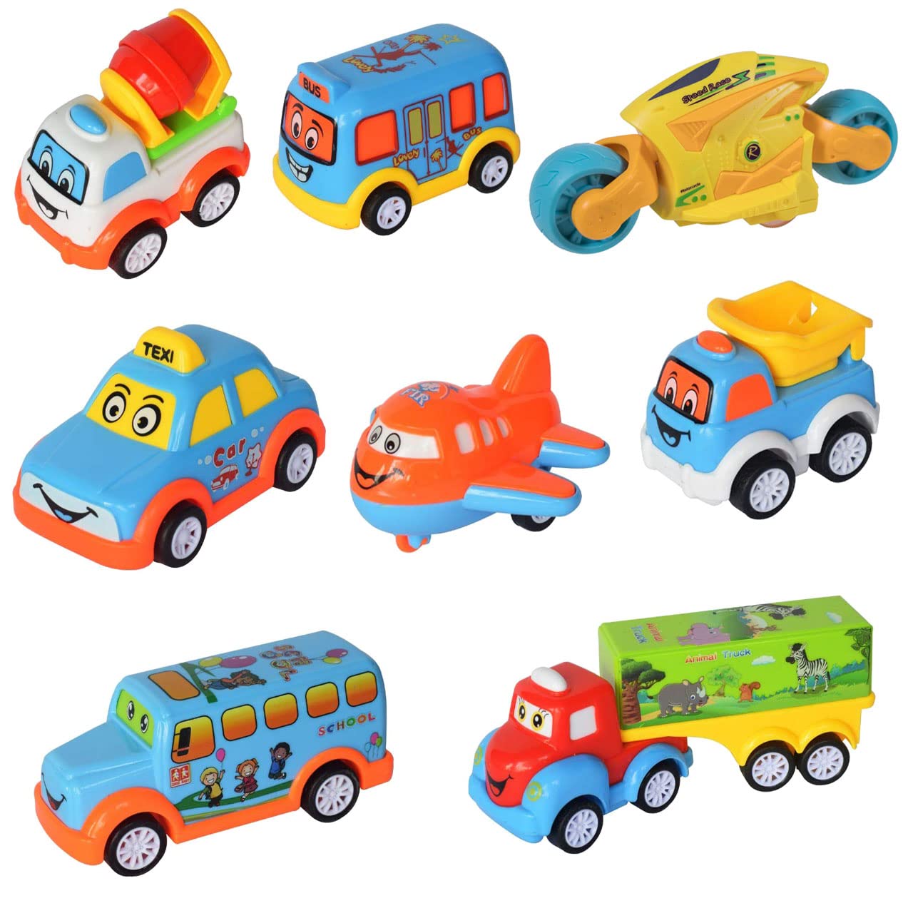 WISHKEY Pull Back and Go Miniature Truck Set, Friction Powered Mini Toy Set, Vehicle Toy with Moveable Parts for Kids, Construction Toy for Children Age 3 Years+ (Set of 8, Multicolor)