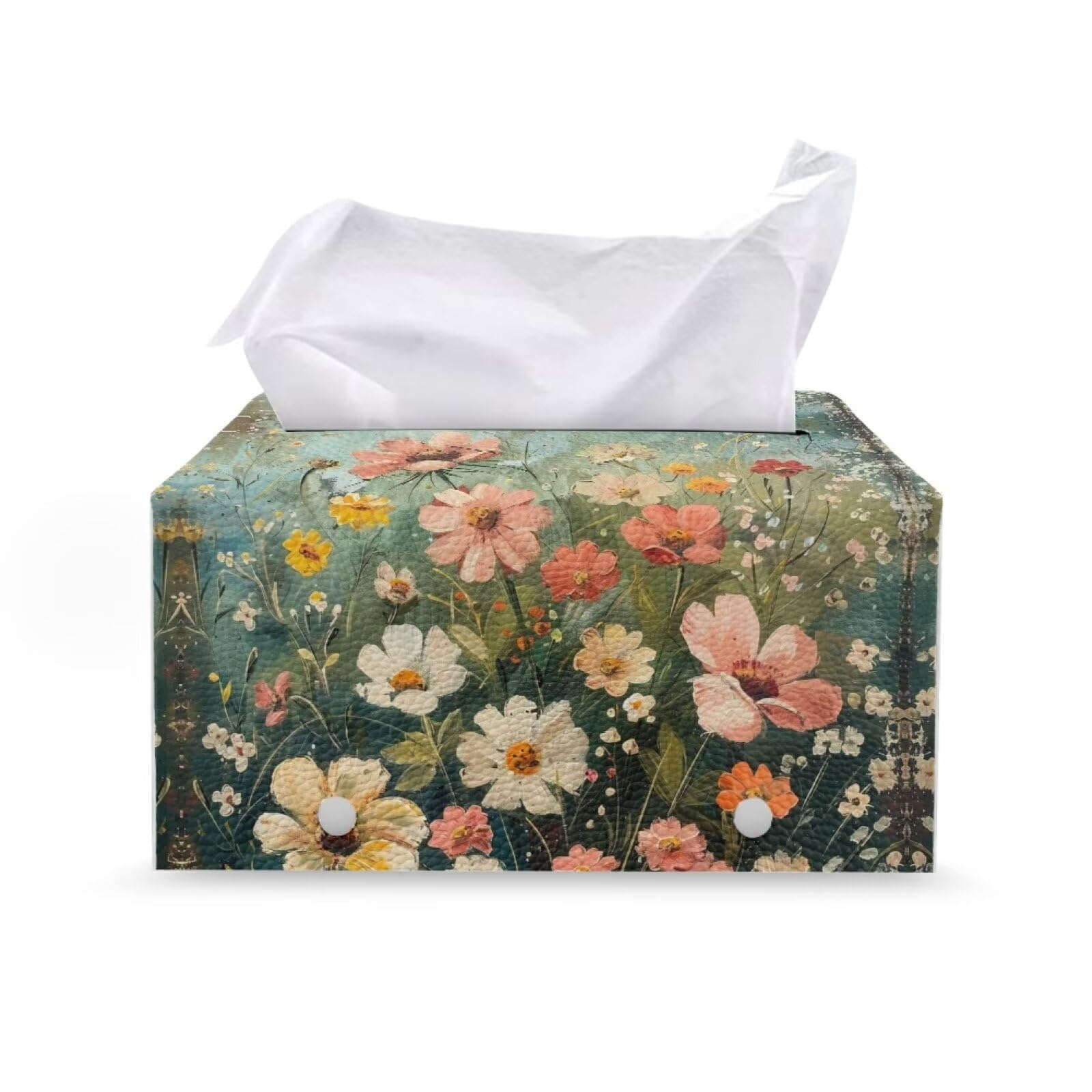CREAMIC Floral Print Tissue Box Cover Rectangle Modern PU Leather Rectangular Tissue Box Waterproof Tissue Cover Tissue Box Holder Night Stands Bedroom Office Desk, CZA62