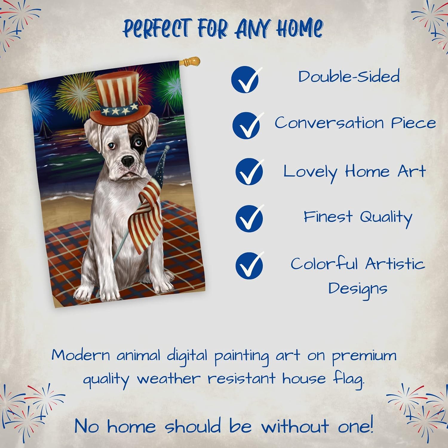 4th of July Fireworks Boxer Dog House Flag - Outdoor Double Sided Pet Portrait Weather Resistant Premium Quality Home Decorative Flags - 100% Polyester 29"w x 43"h, HFLG48477