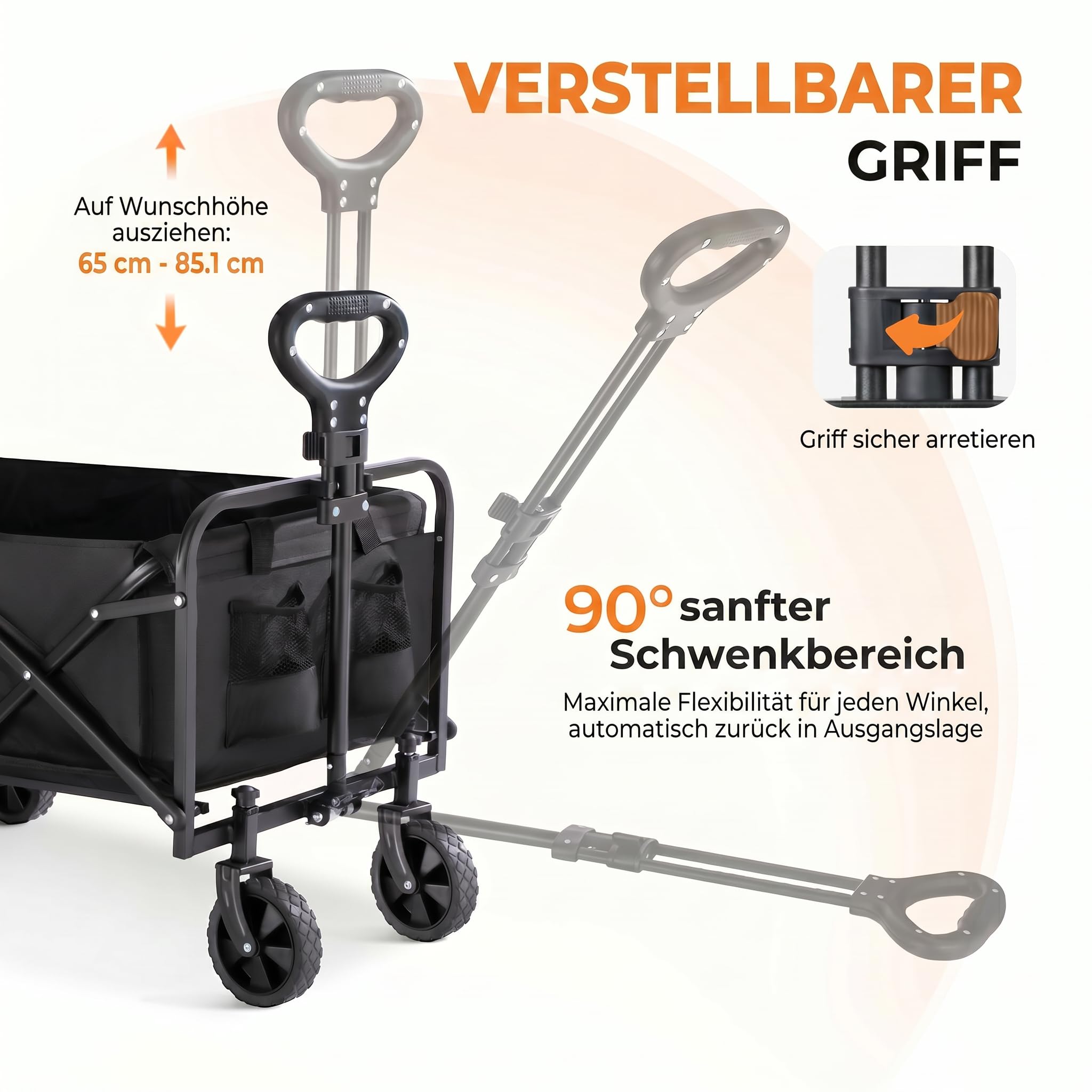 PASAMIC Carrello pieghevole 100L100kg, carrello pieghevole e robusto, con ruote per tutti i terreni e portabicchieri, leggero per il trasporto di cane, shopping, spiaggia, campeggio, nero
