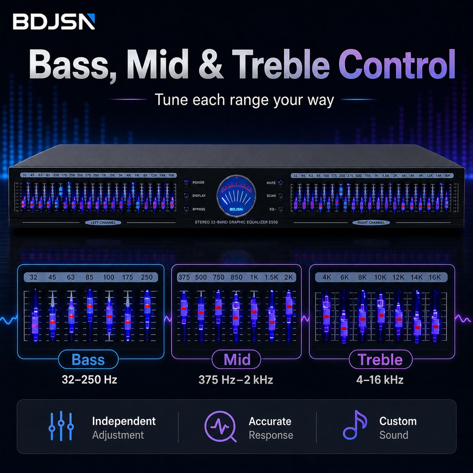 Zweikanaliger 22-Band-Stereo-Grafik-Equalizer, ±12 Db Audio-eq Mit Led-pegelanzeige, 10 Voreingestellte Modi, Rauschunterdrückung, Bass-, Mitten- Und Höhenregler Für Heimkino, Karaoke