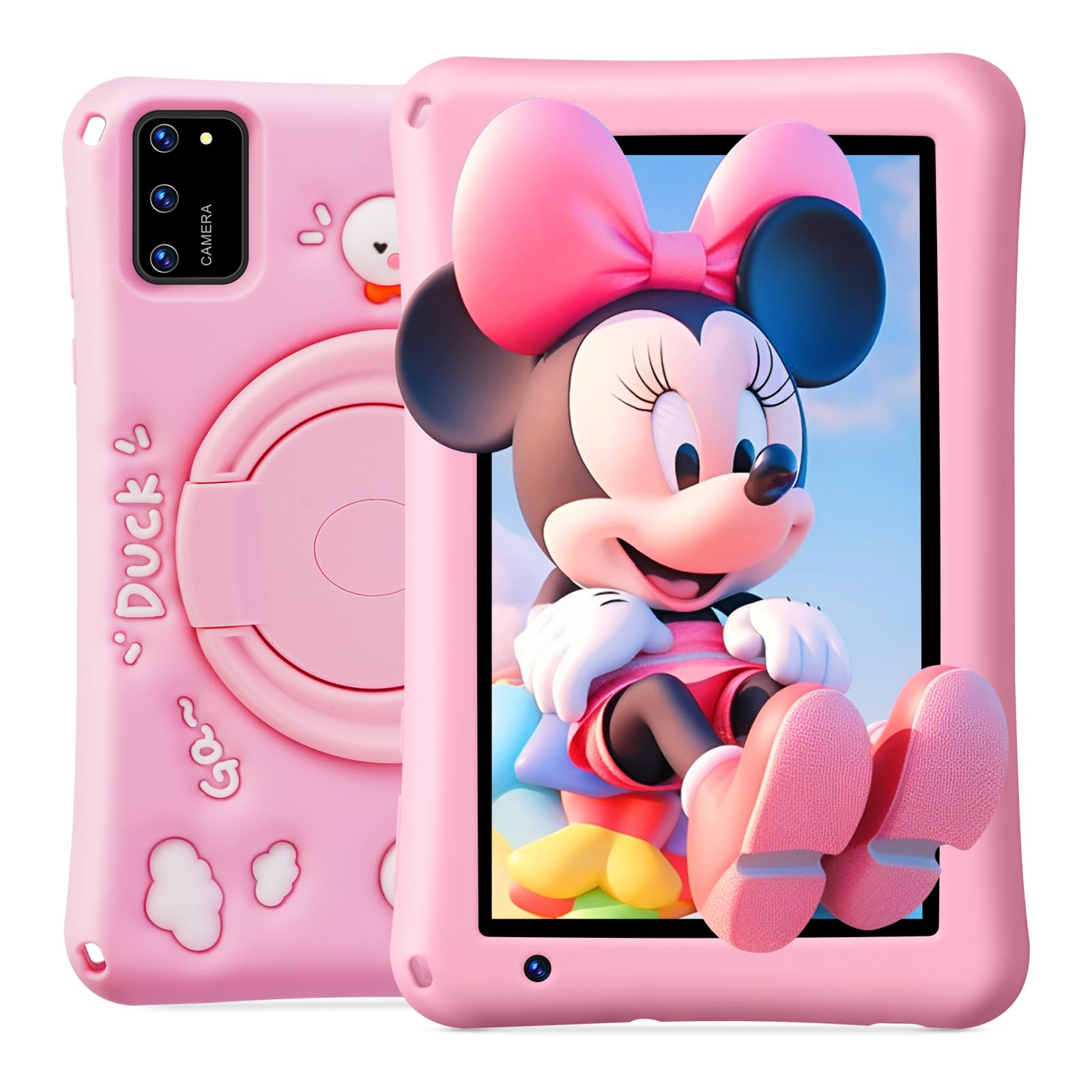 Gros plan sur la coque en silicone rose de la tablette BISAIKASOW, intégrant un support pliable à 360°.